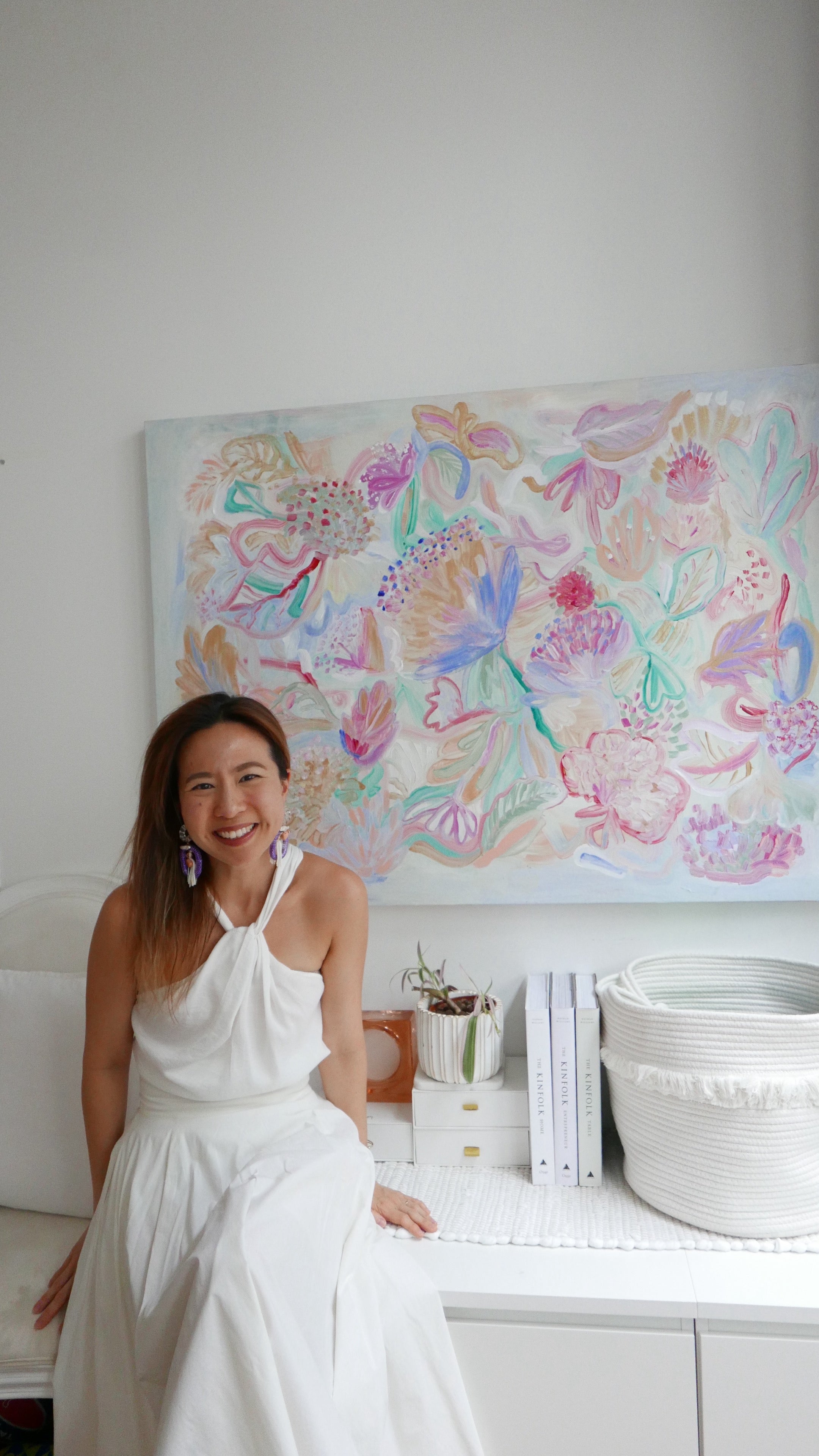 Abstract acrylic original art painting on canvas titled 'Pollen Pastel' by Singaporean artist Hadassah Lau on sale at Hadasity, in Tanglin Mall, Singapore.