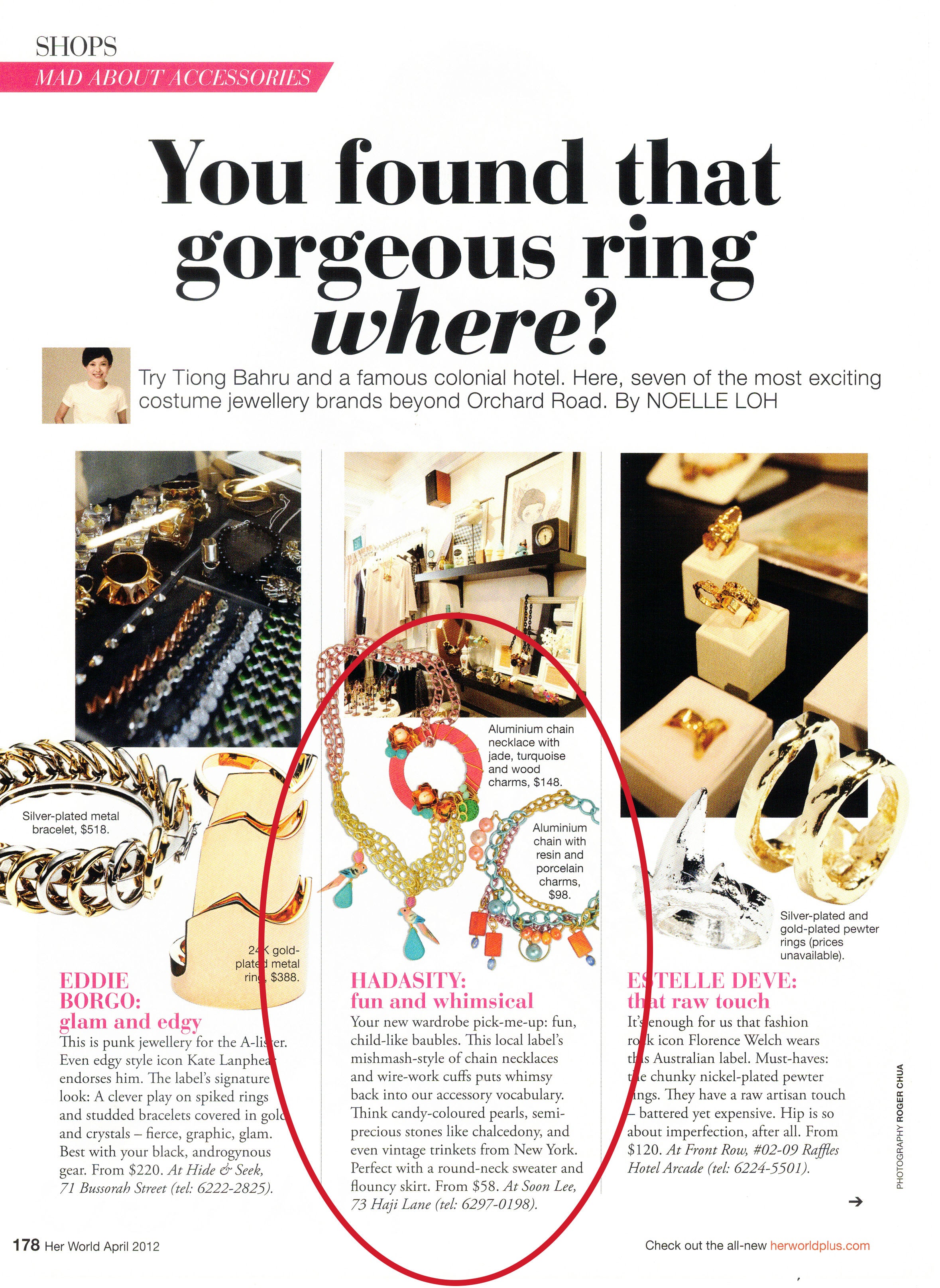 2012 April Hadasity wearable art wired jewellery necklaces featured on Her World Singapore magazine