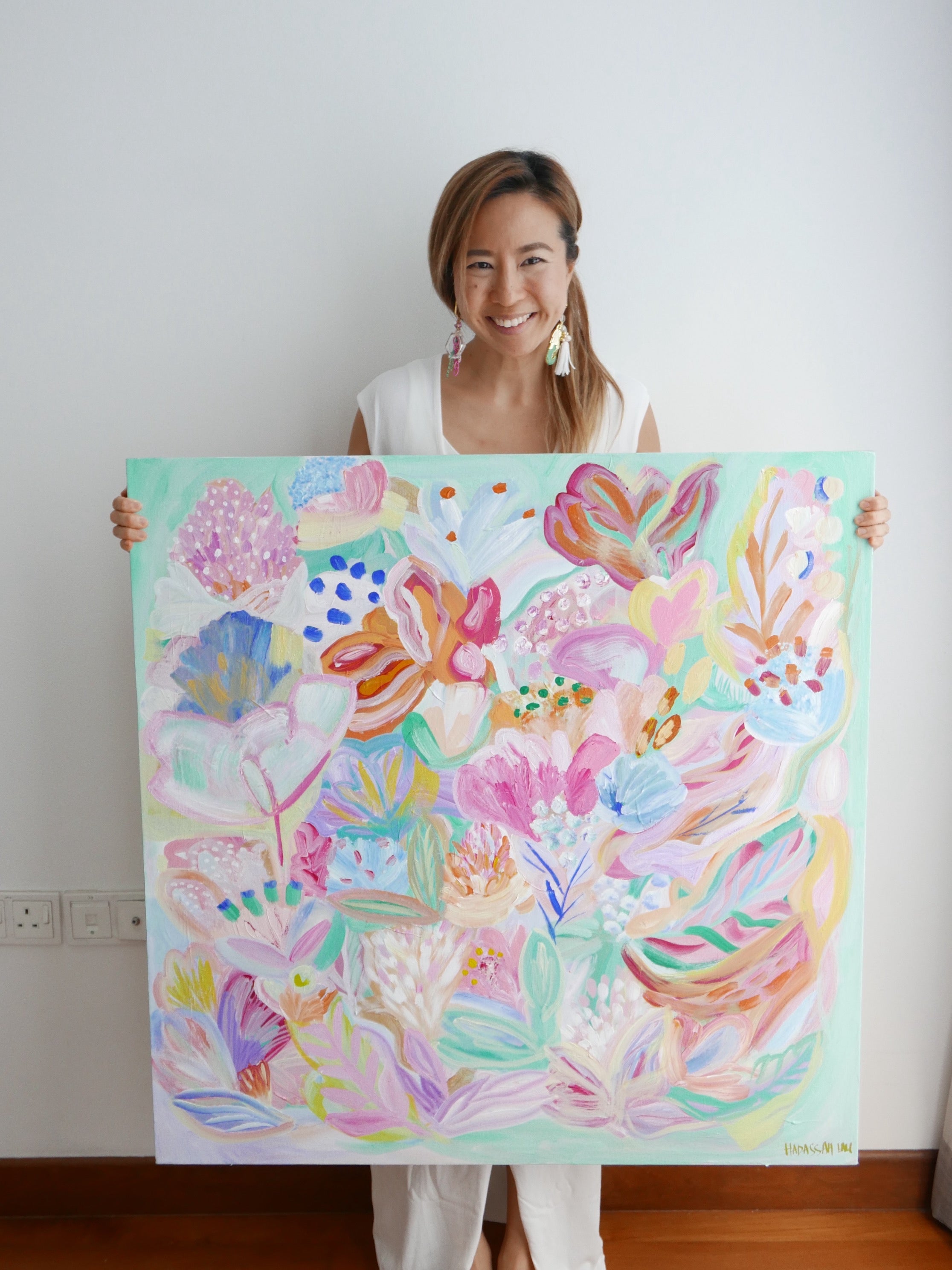 Abstract acrylic original art painting on canvas titled 'Wonderfully Made' by Singaporean artist Hadassah Lau on sale at Hadasity, in Tanglin Mall, Singapore.