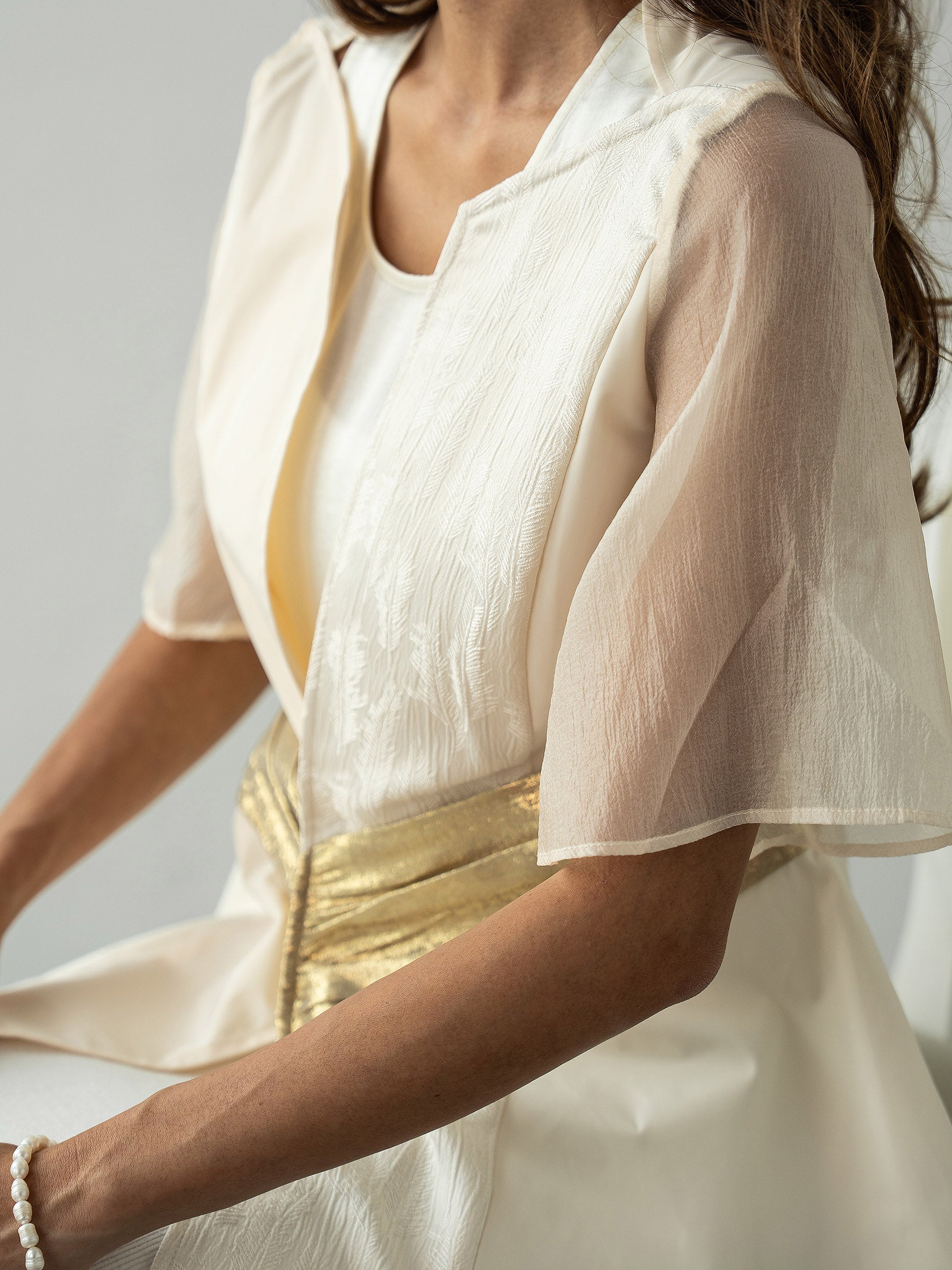 Metamorphosis | Gold Folds With Feather Texture Detail Outerwear Jacket