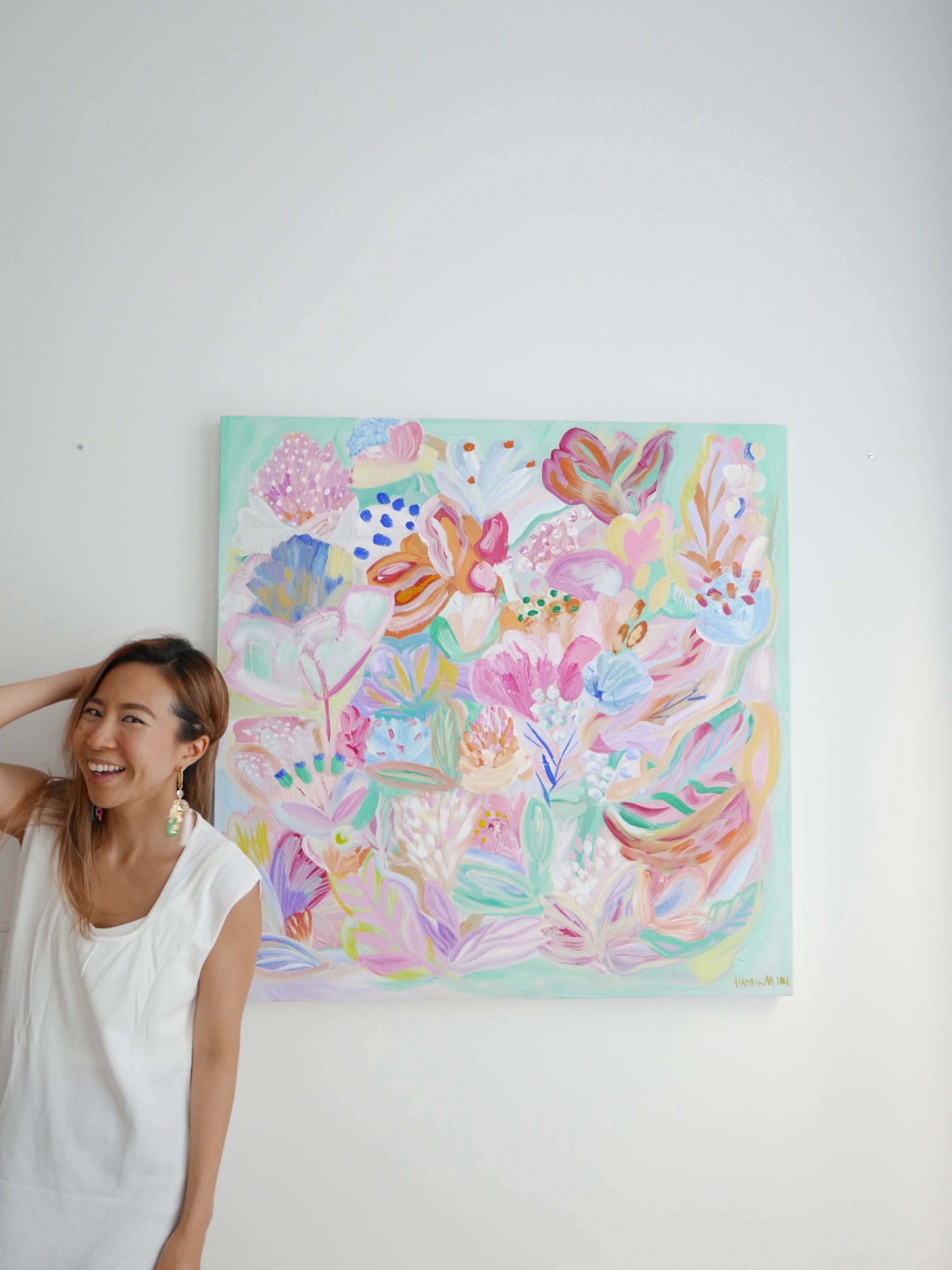 Abstract acrylic original art painting on canvas titled 'Wonderfully Made' by Singaporean artist Hadassah Lau on sale at Hadasity, in Tanglin Mall, Singapore.