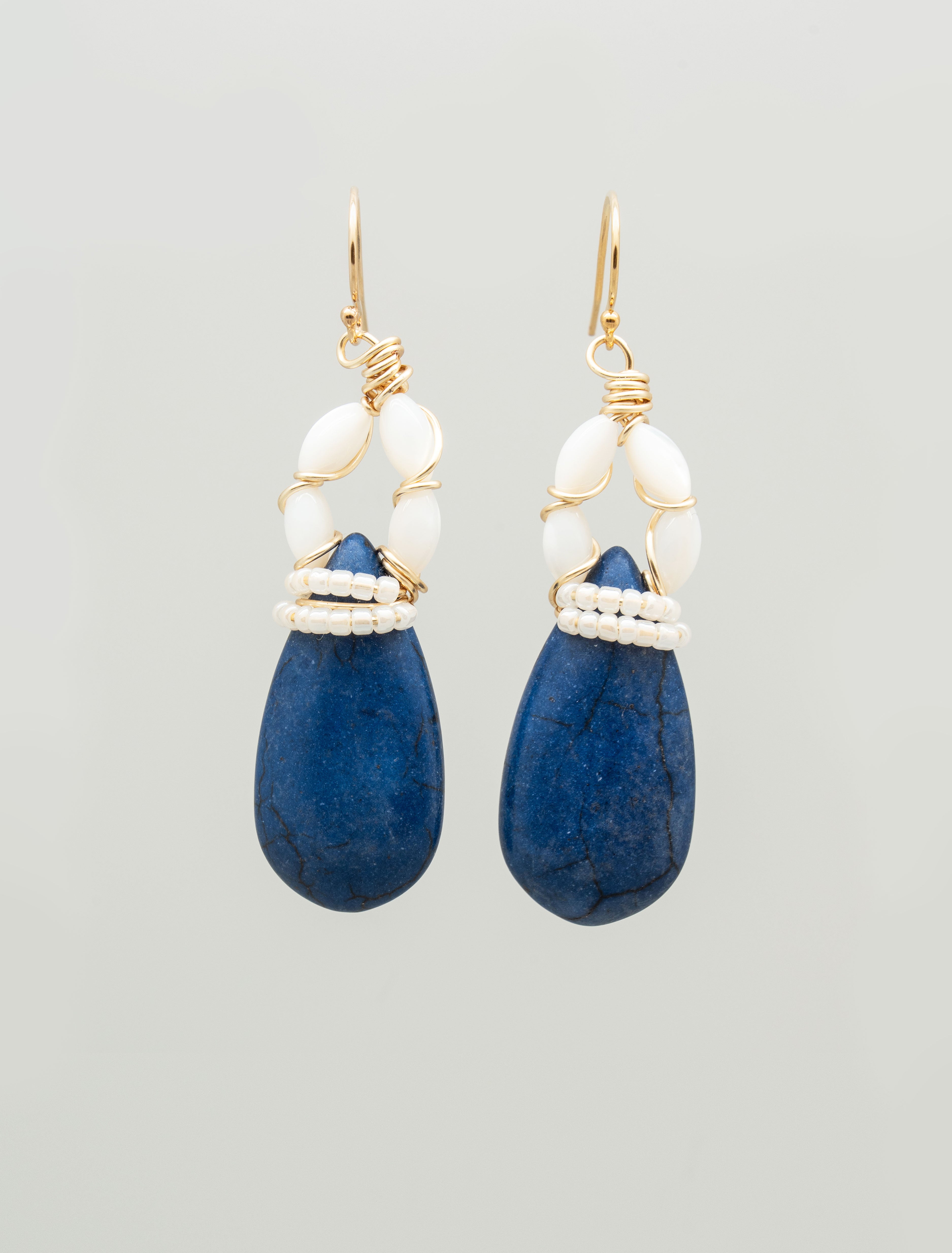 Pair of blue howlite teardrop earrings with mother of pearl shell beads and toho seed beeds, one of a kind