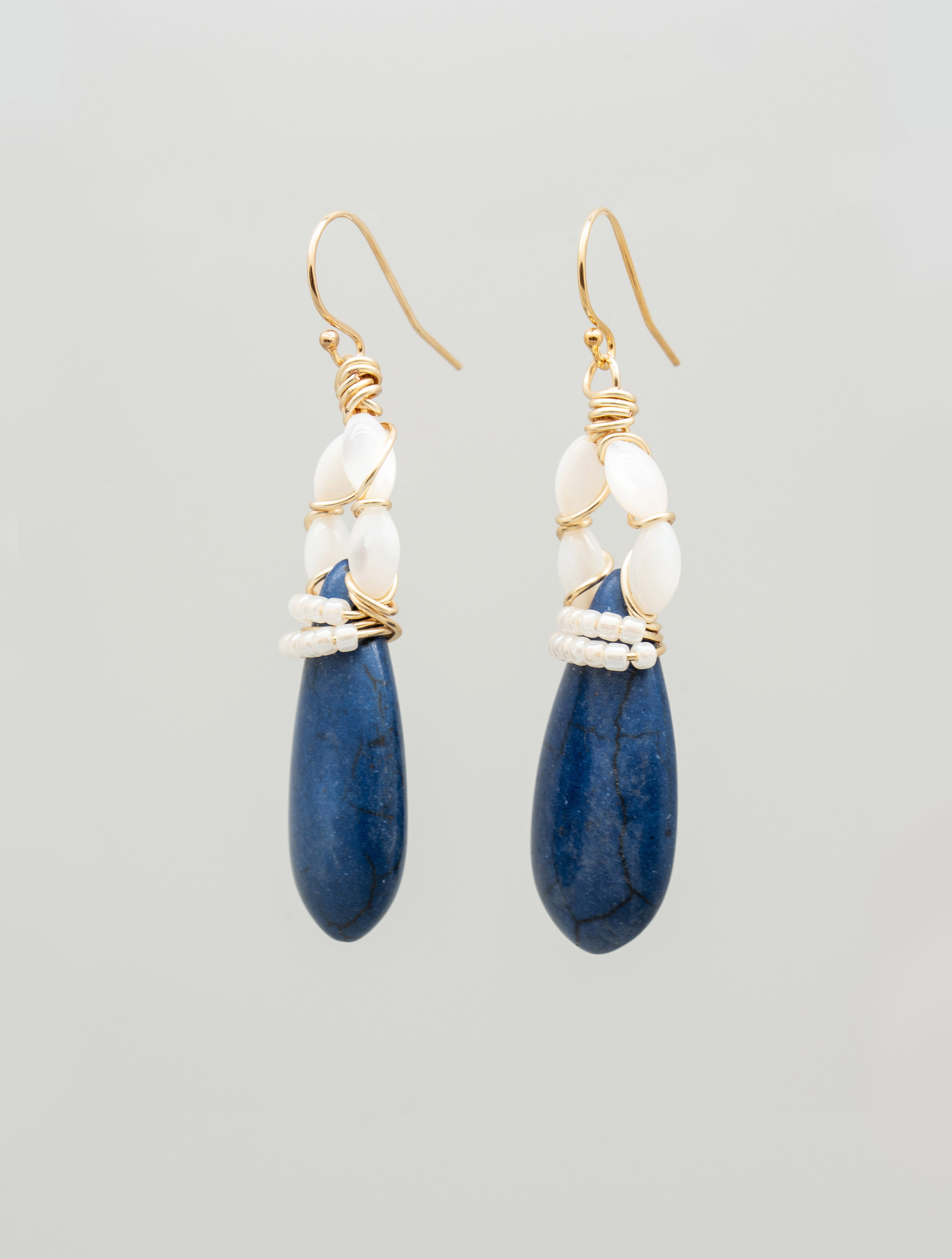 Pair of blue howlite teardrop earrings with mother of pearl shell beads and toho seed beeds, one of a kind