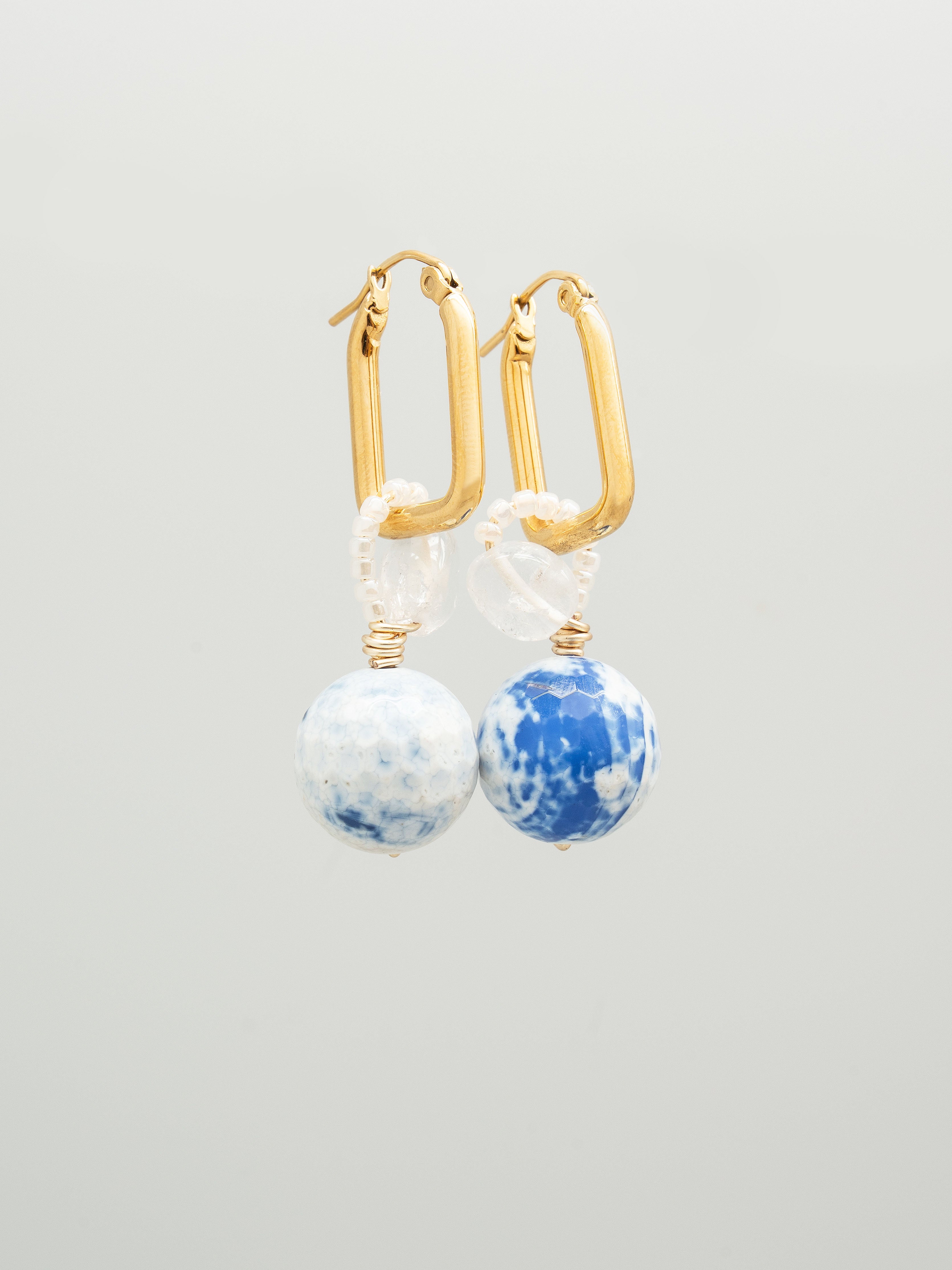 Pair of earrings with blue white fire agate clear quartz and toho seed beads, one of a kind