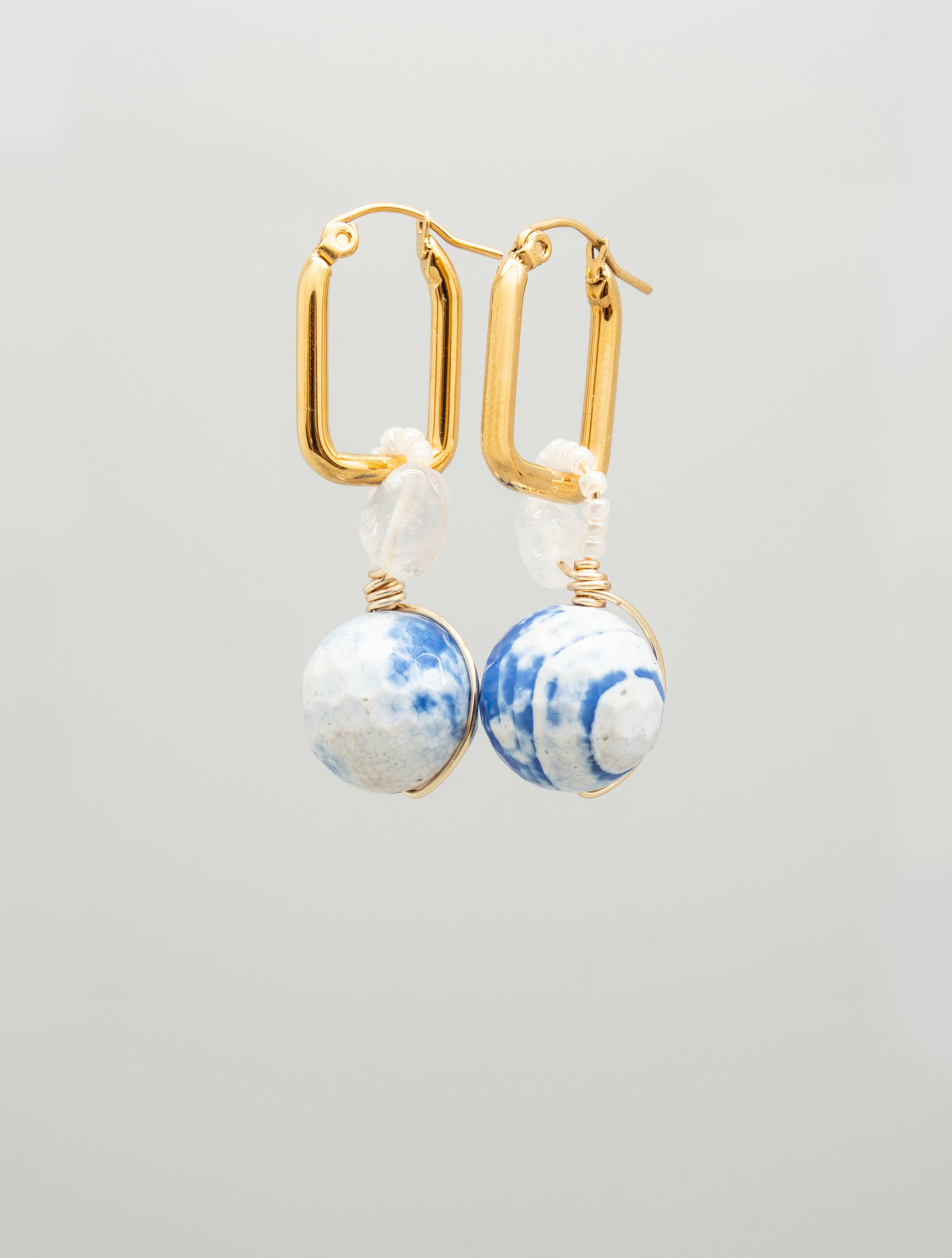 Pair of earrings with blue white fire agate clear quartz and toho seed beads, one of a kind