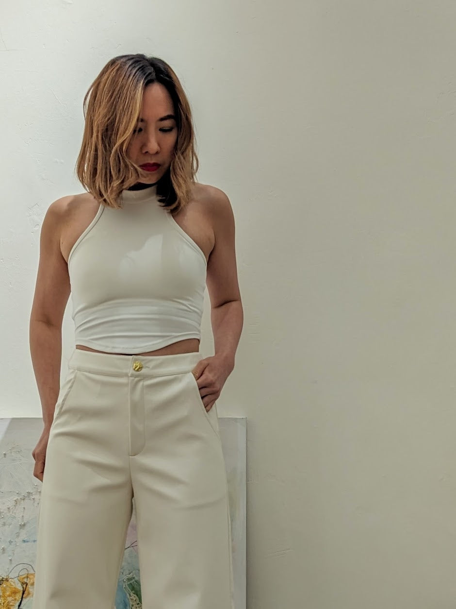 Women's activewear halter padded top in white colour