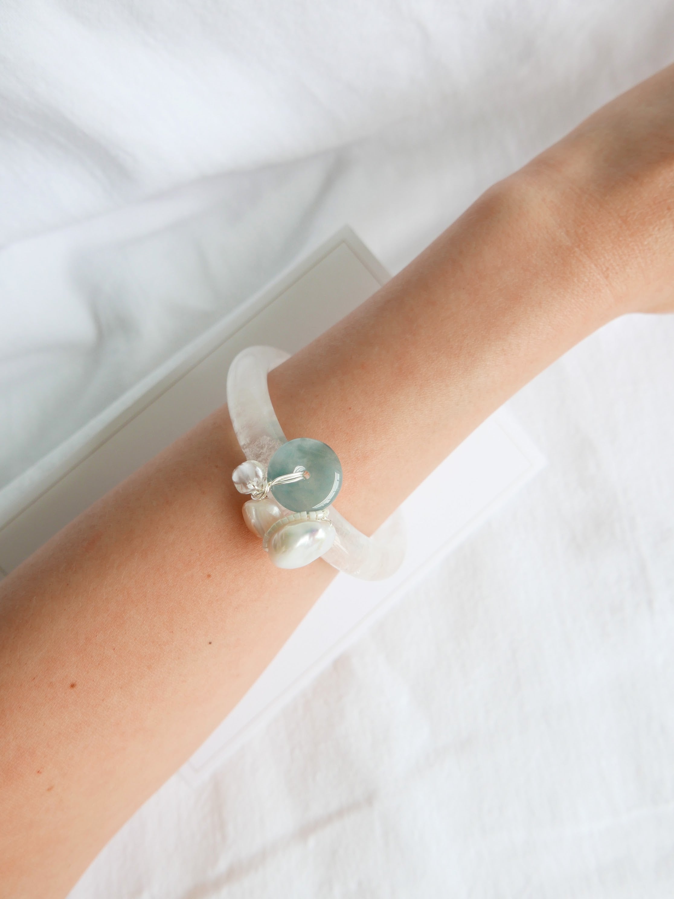 Women's Silver Quartz Bangle Art Jewelry - Keshi Pearl, Mother of Pearl, AA Jade