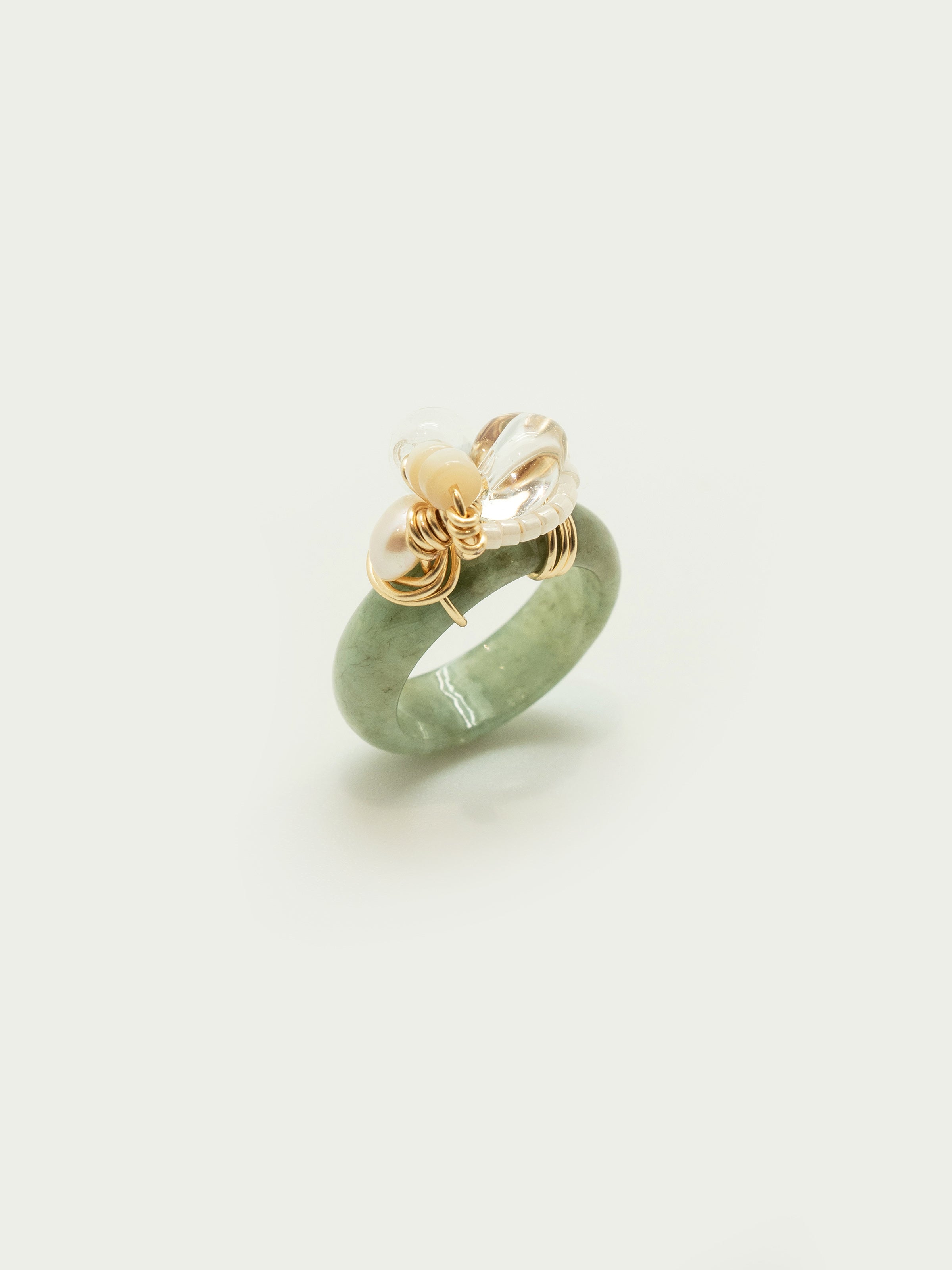 Jade ring with clear quartz, mother of pearl, pearl, japanese seed beads. One of a kind.