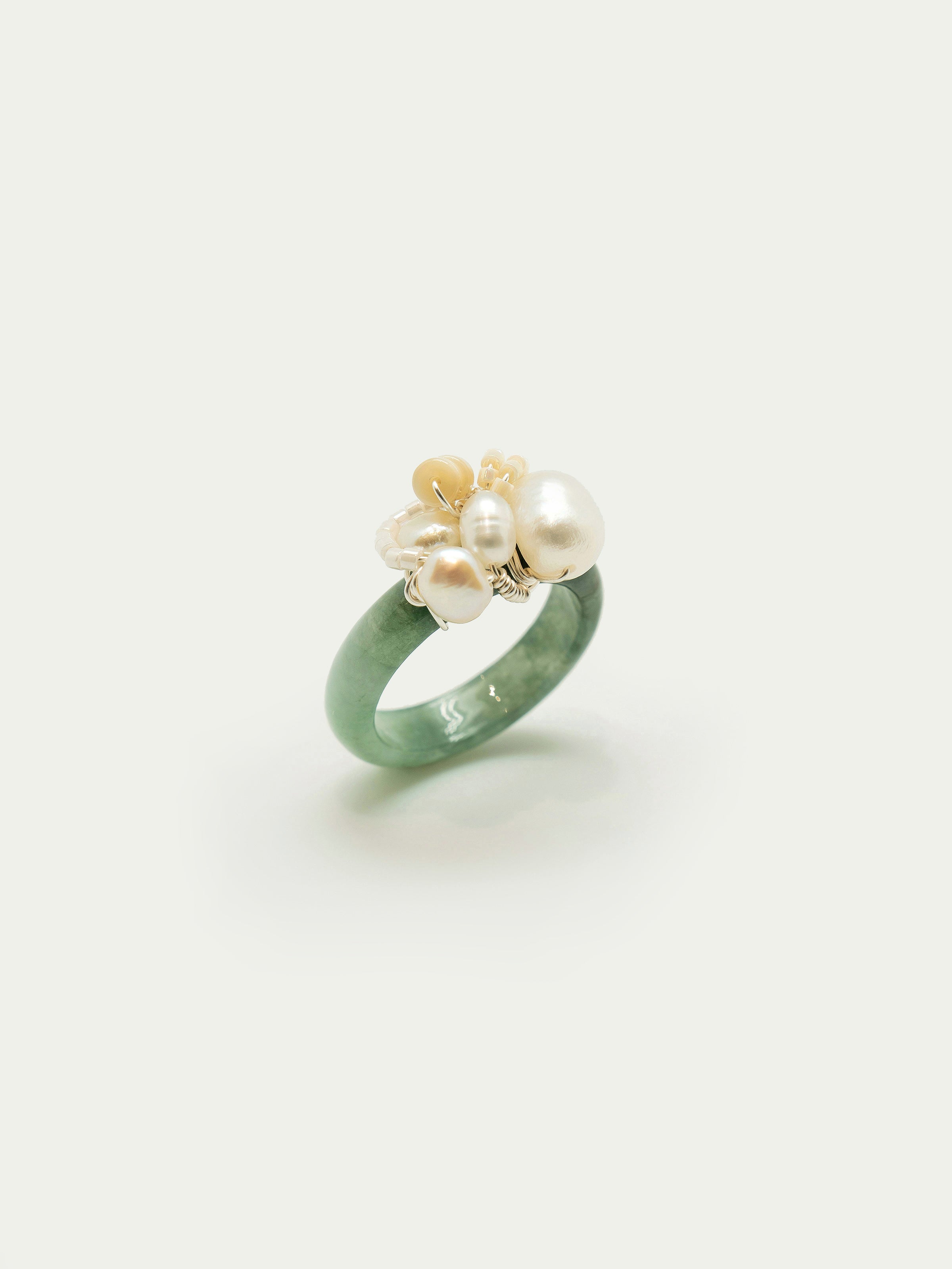 Jade ring with pearl cluster, mother of pearl, japanese seed beads. One of a kind.