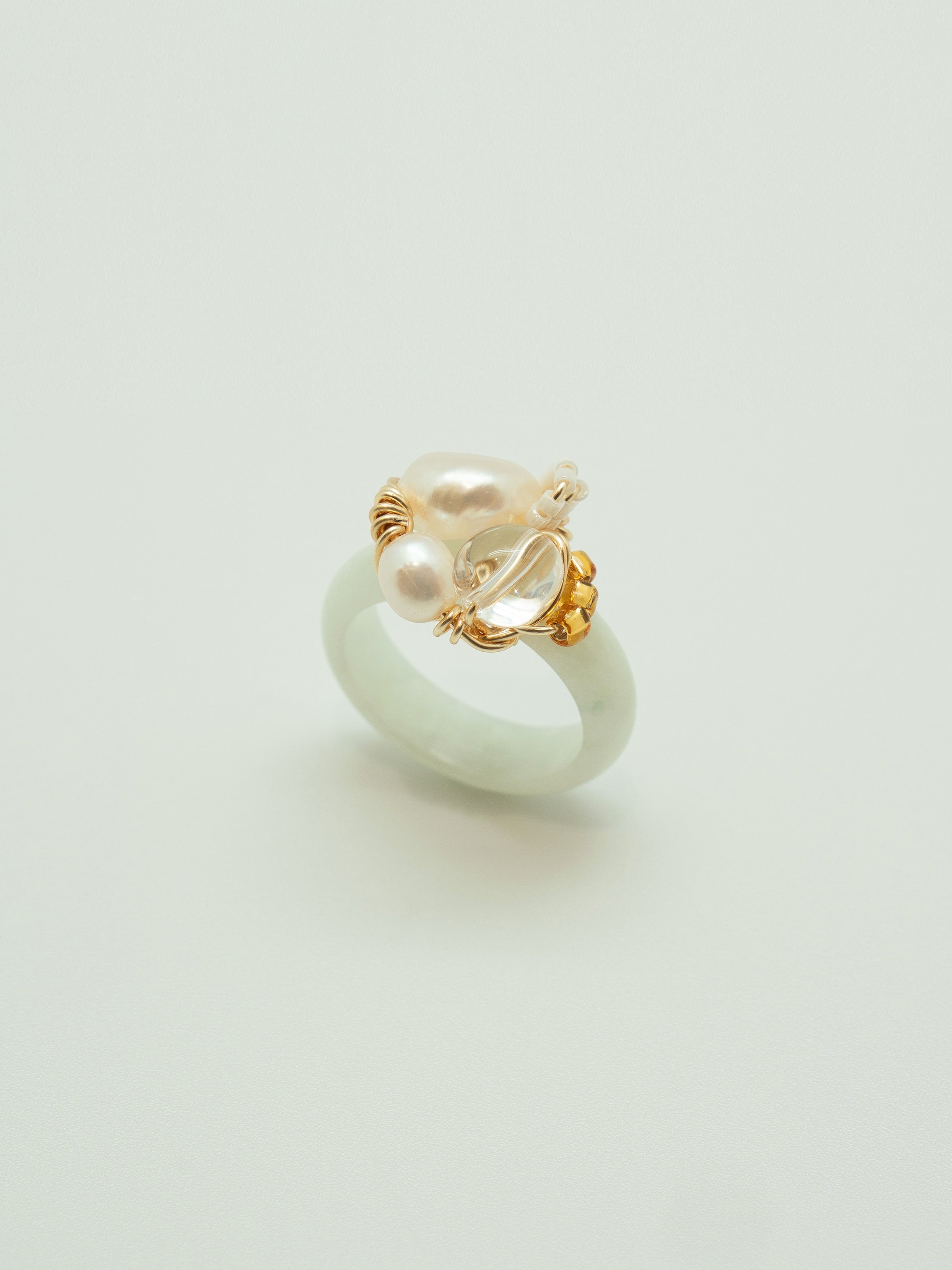 One of a kind jade ring with pearls, clear quartz, japanese seed beads.
