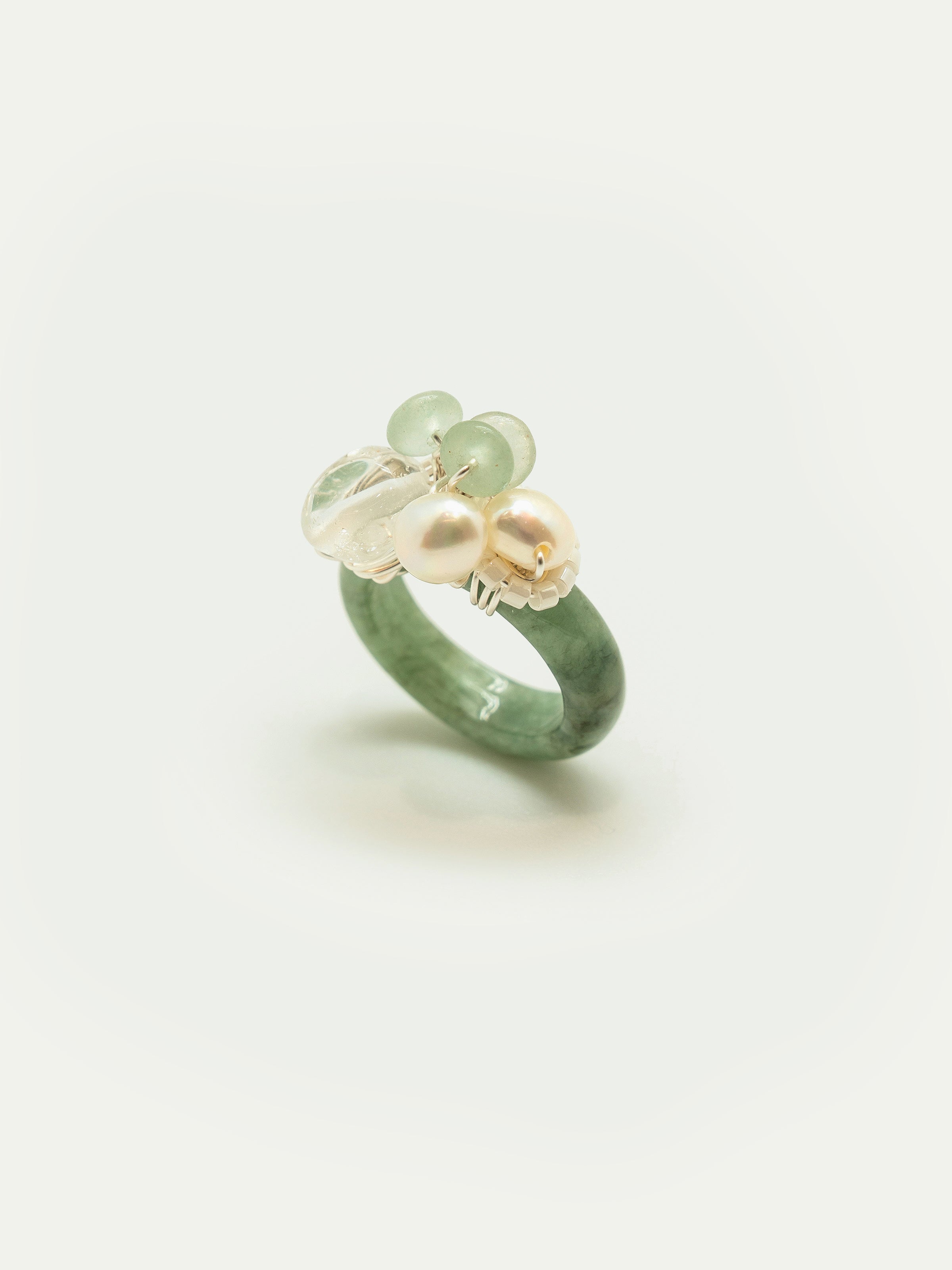 Jade ring with pearls, clear quartz, green beryl rondelle, japanese seed beads. One of a kind.