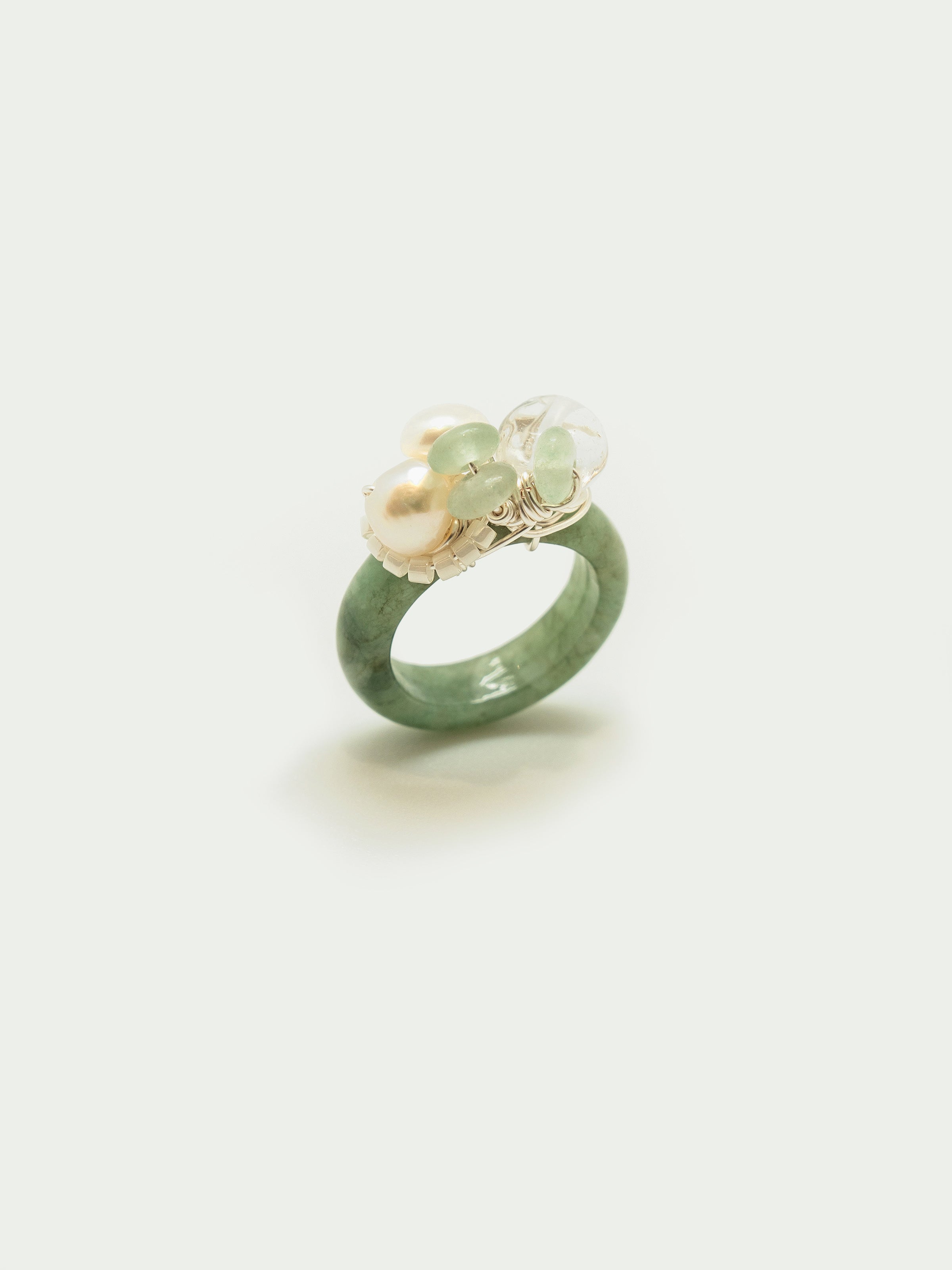 Jade ring with pearls, clear quartz, green beryl rondelle, japanese seed beads. One of a kind.