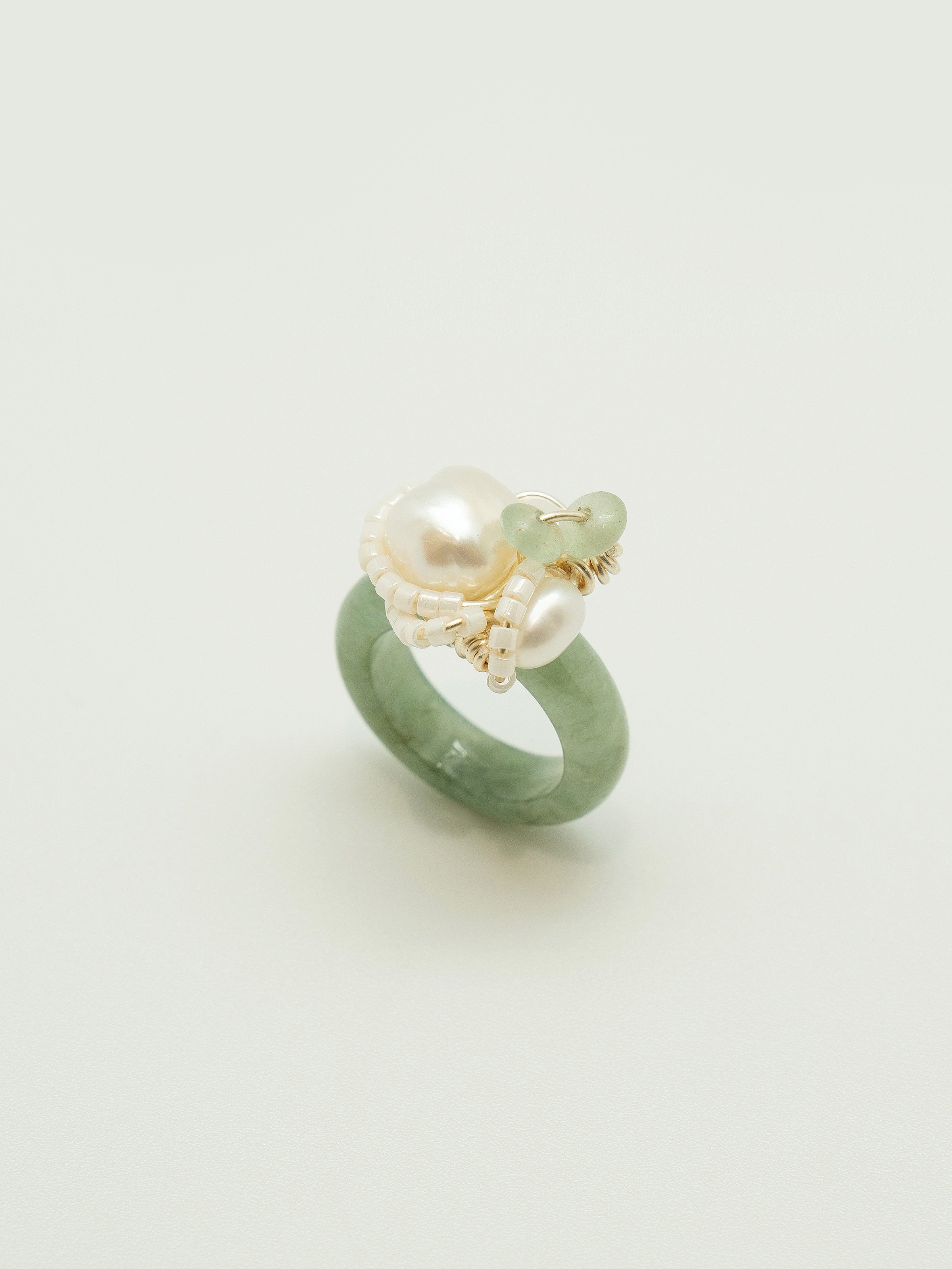 One of a kind jade ring with pearls, green beryl rondelle, toho seed beads.