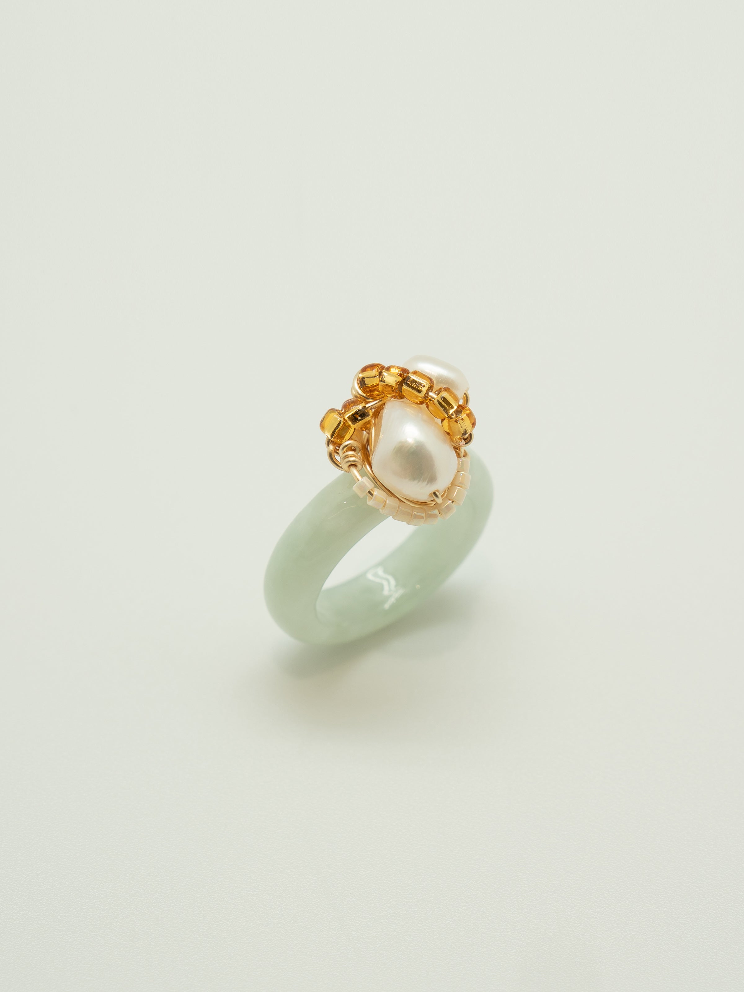 One of a kind jade ring with pearls and japanese seed beads.