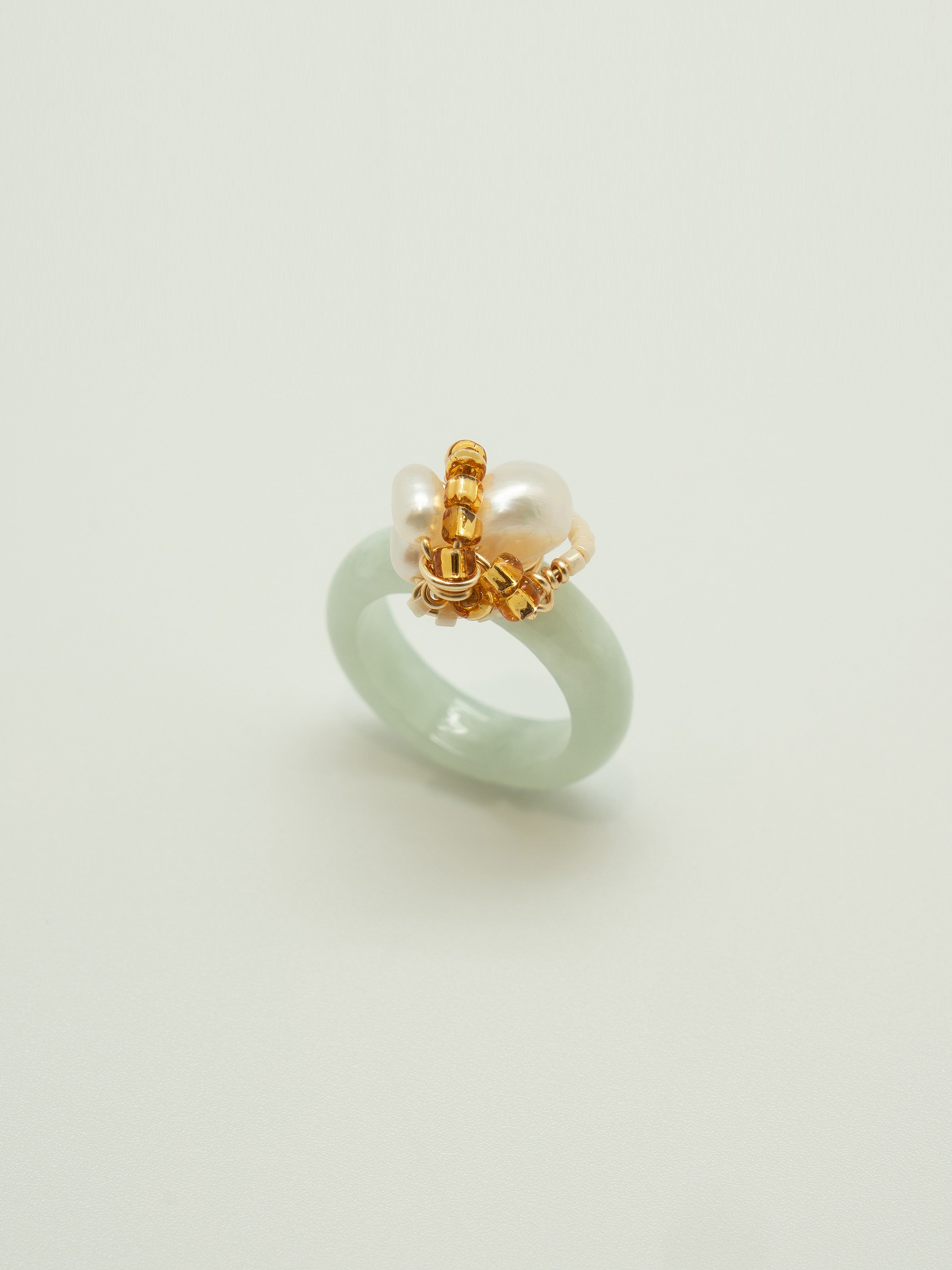 One of a kind jade ring with pearls and japanese seed beads.