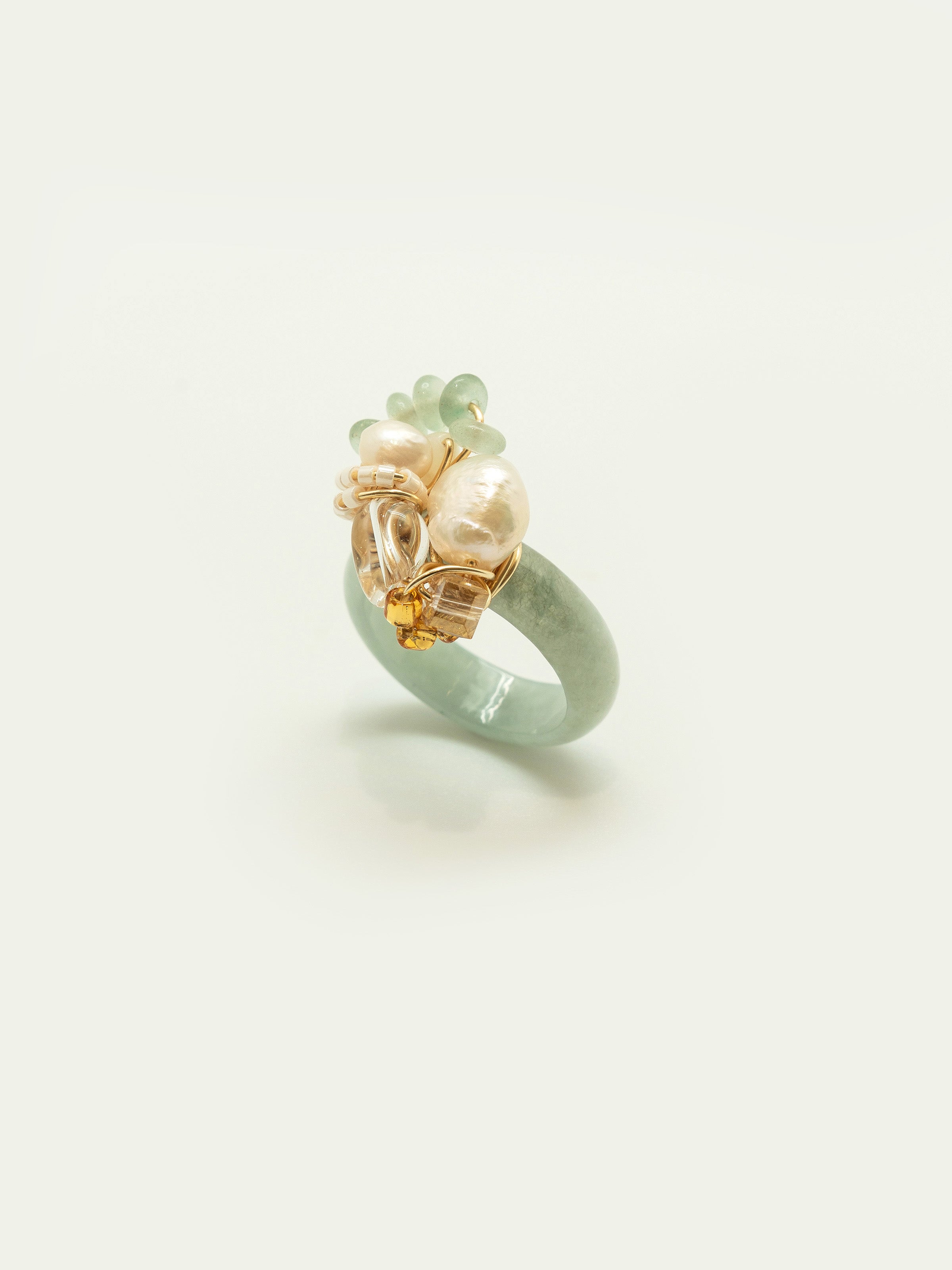 Jade ring with freshwater pearls, clear quartz, green beryl rondelle, swarovski crystal, japanese seed beads. One of a kind.