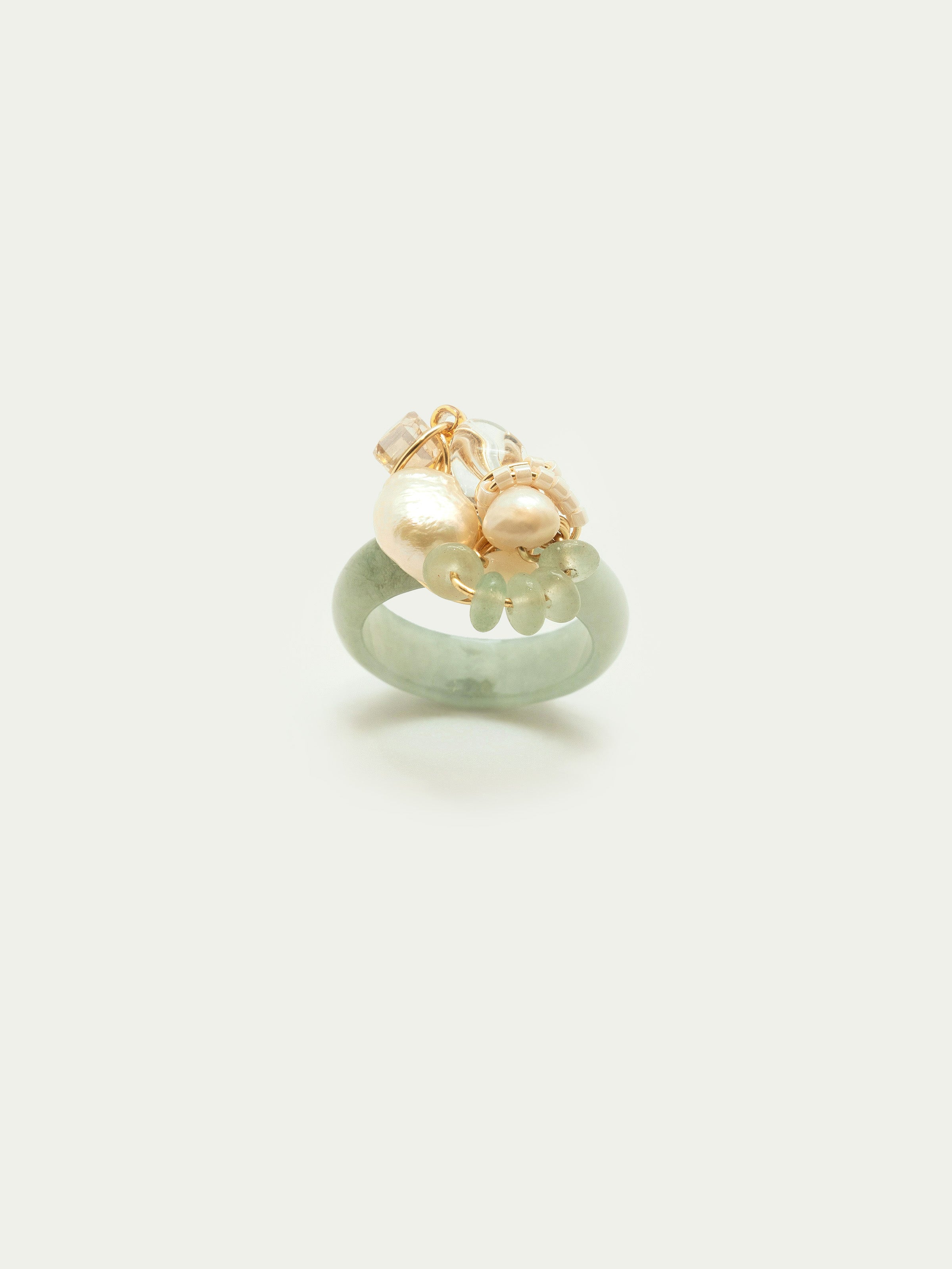 Jade ring with freshwater pearls, clear quartz, green beryl rondelle, swarovski crystal, japanese seed beads. One of a kind.
