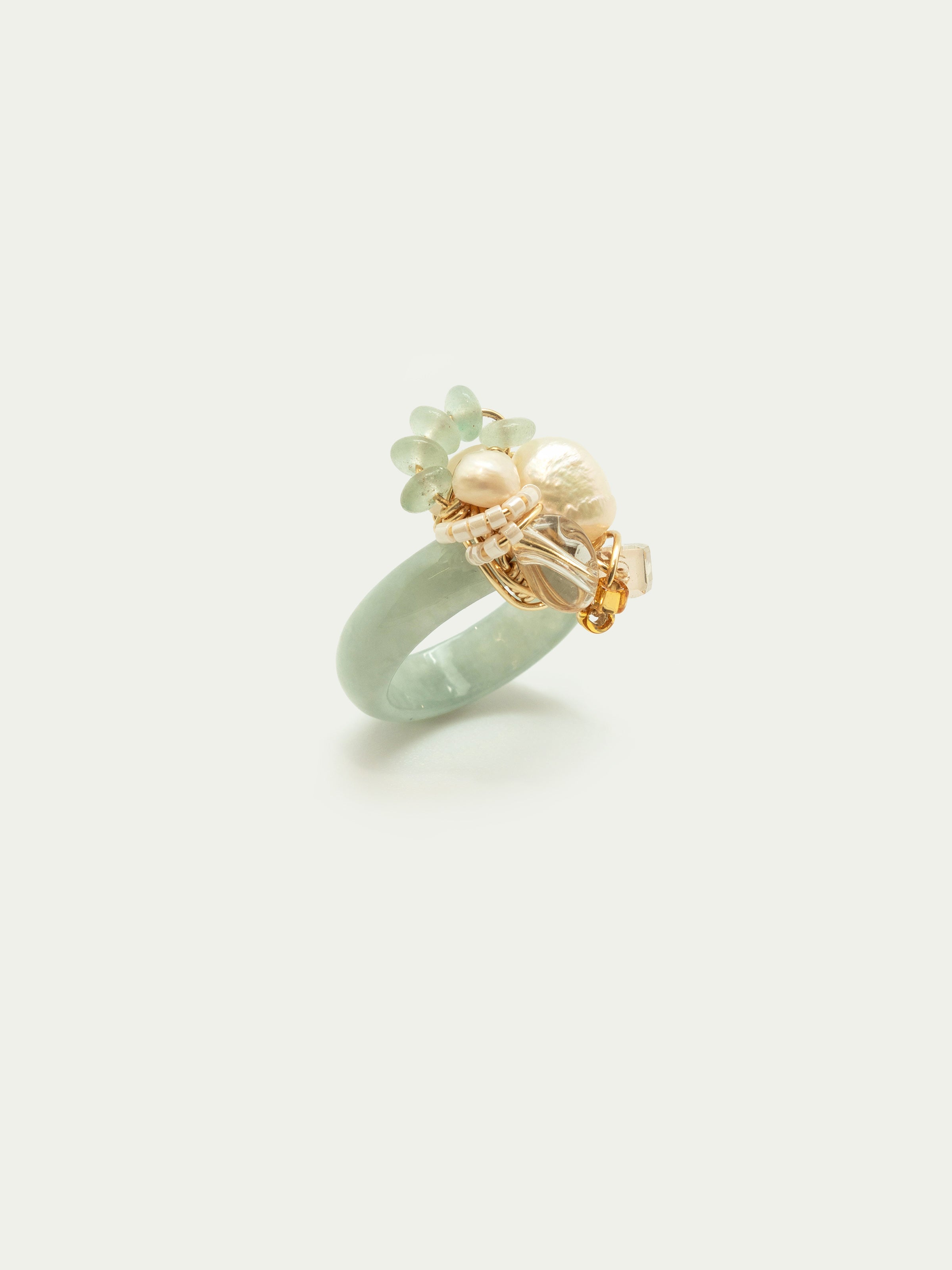 Jade ring with freshwater pearls, clear quartz, green beryl rondelle, swarovski crystal, japanese seed beads. One of a kind.