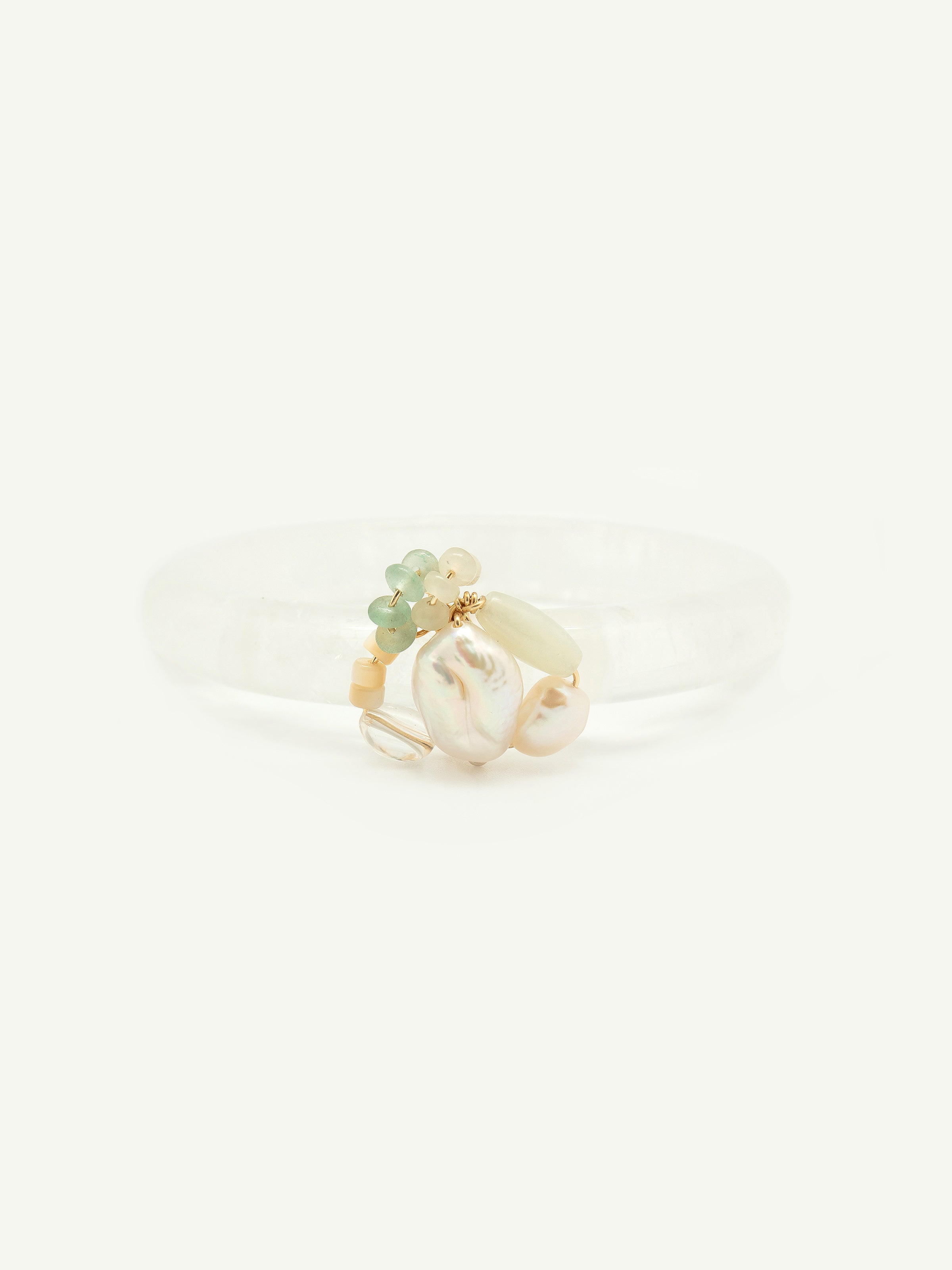 Quartz bangle with keshi pearl, mother of pearl, jade rondelle, clear quartz. One of a kind.