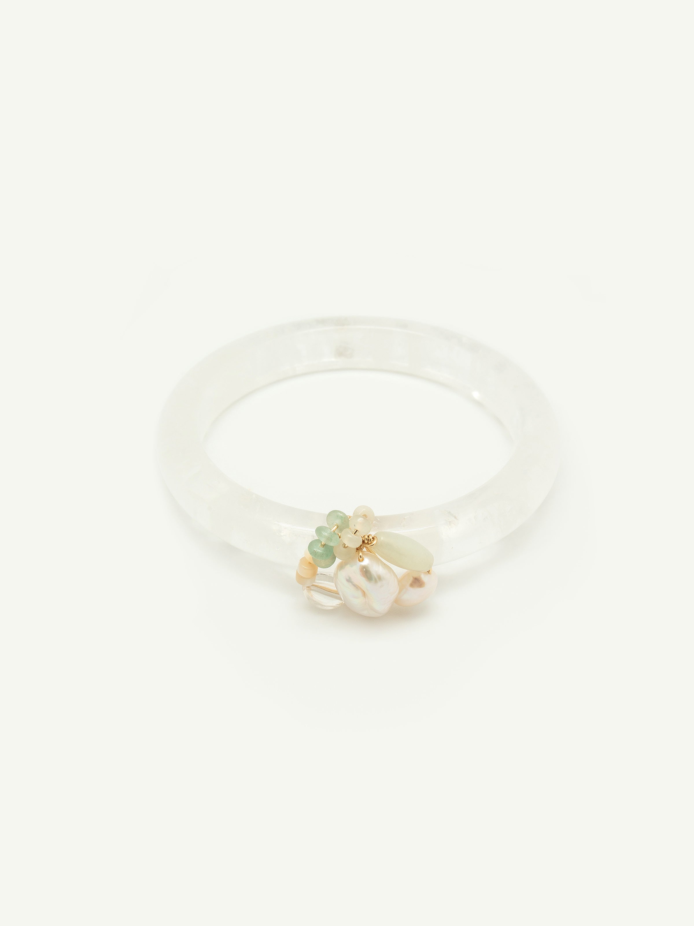 Quartz bangle with keshi pearl, mother of pearl, jade rondelle, clear quartz. One of a kind.