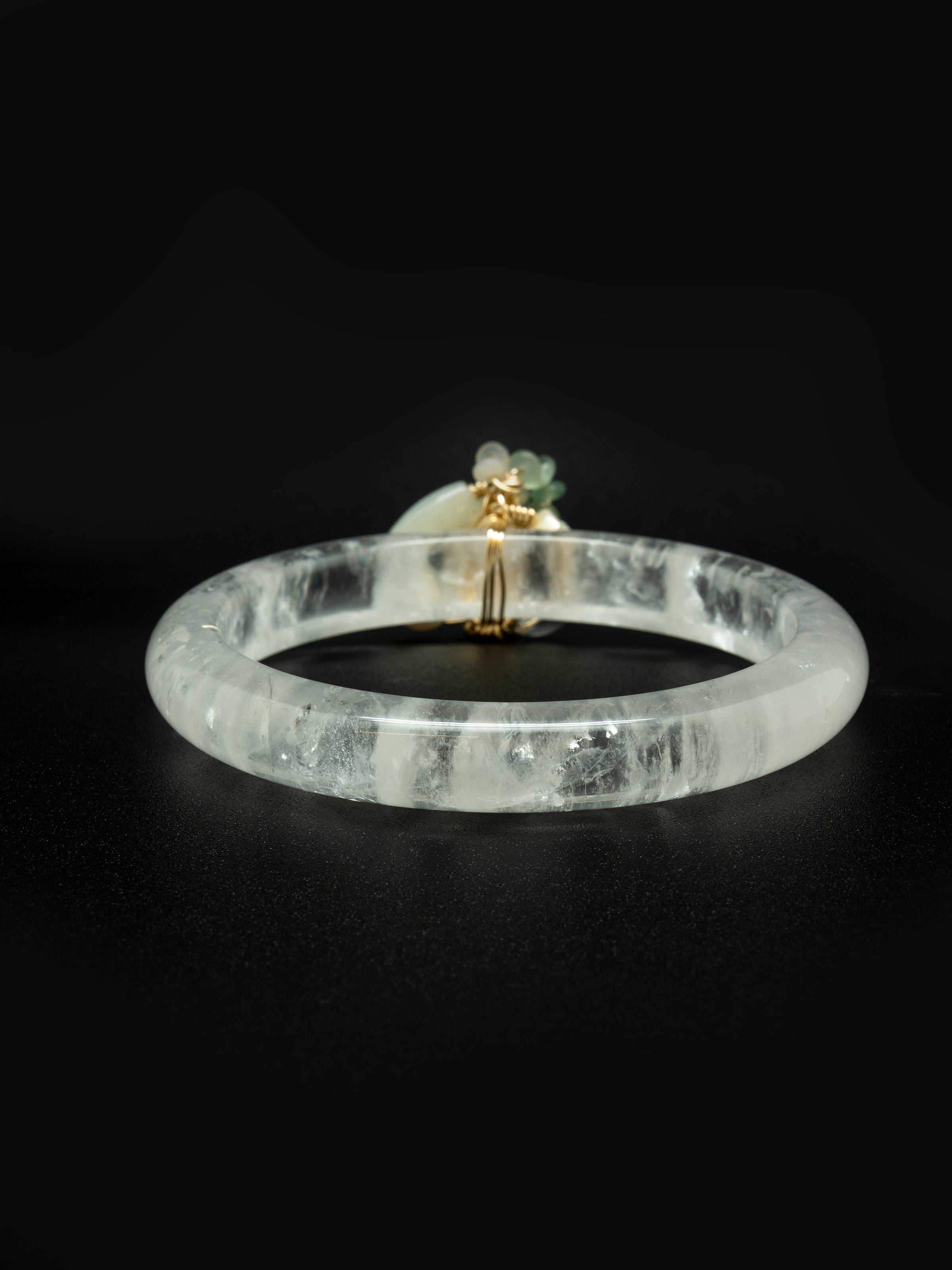 Quartz bangle with keshi pearl, mother of pearl, jade rondelle, clear quartz. One of a kind.