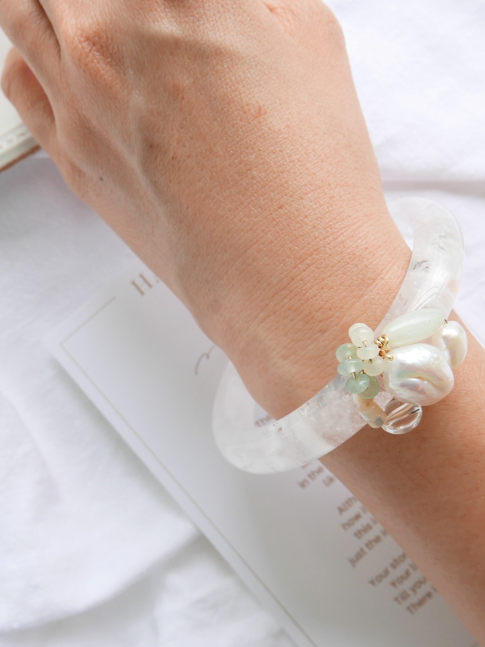 Women's Silver Quartz Bangle Art Jewelry - Keshi Pearl