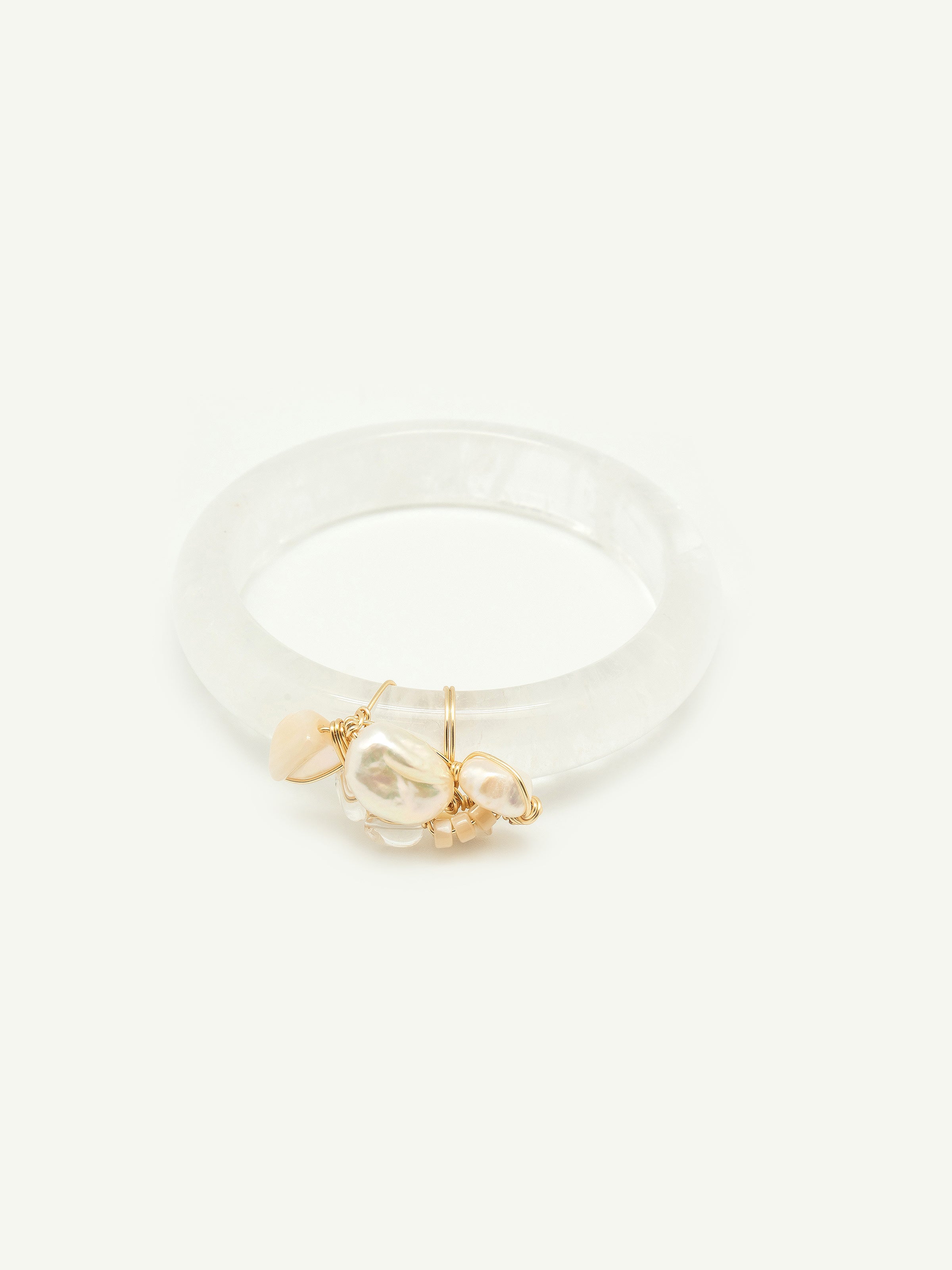 Quartz bangle with keshi pearl, freshwater pearl, mother of pearl. One of a kind.