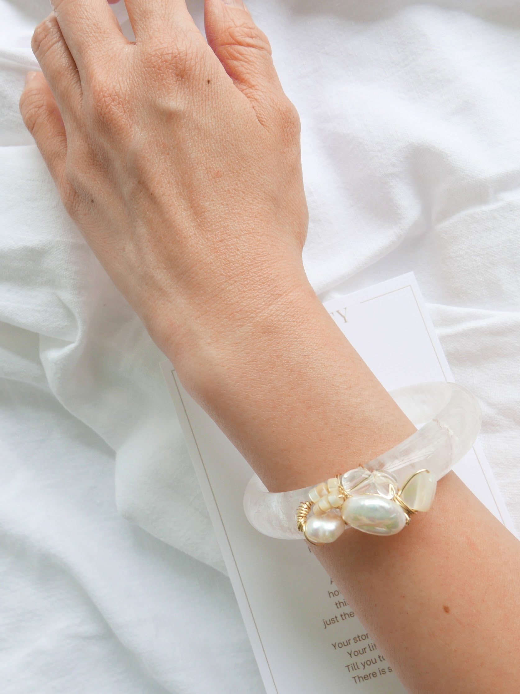 Women's Silver Quartz Bangle Art Jewelry - Keshi Pearl, Mother of Pearl