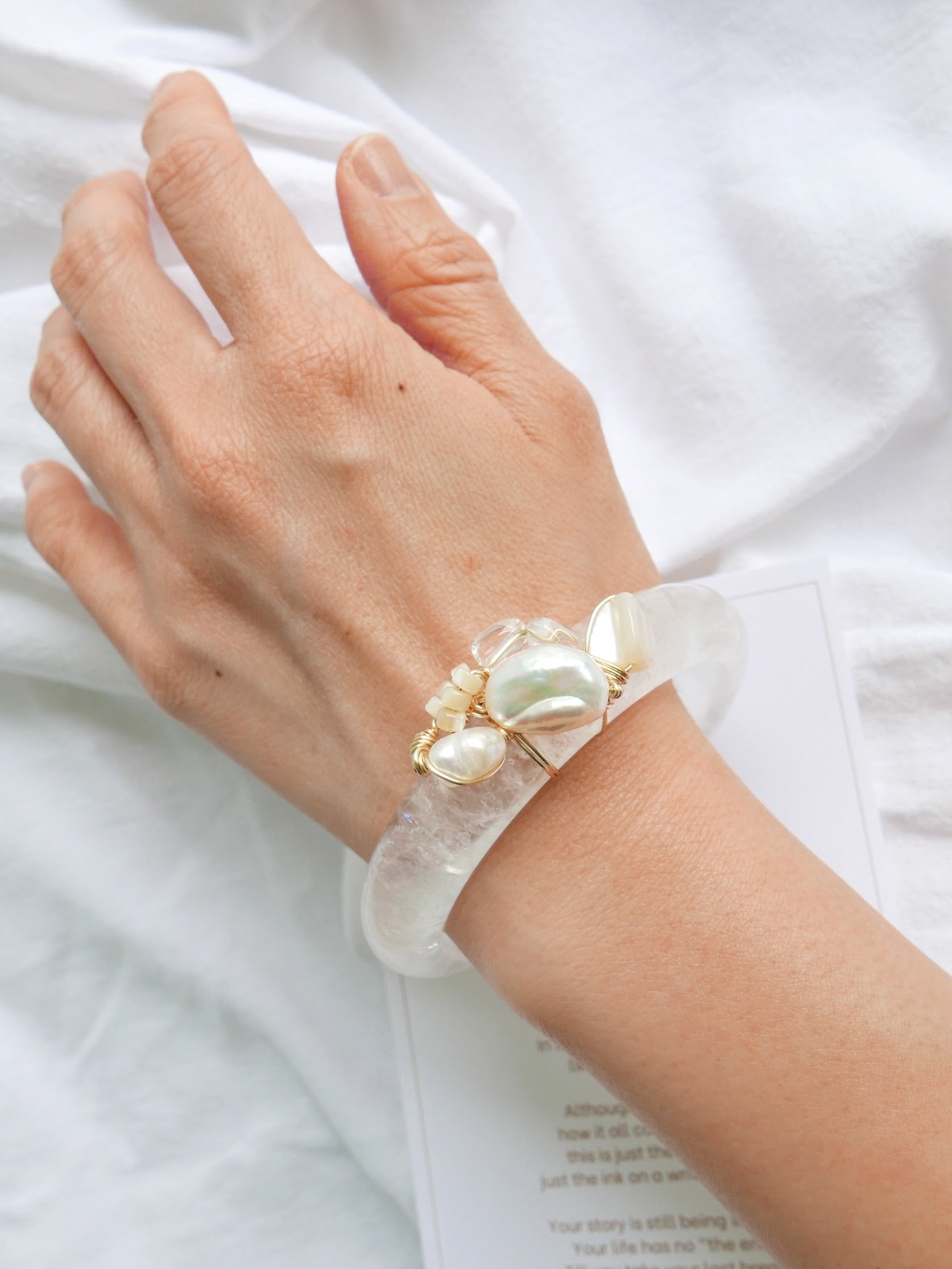 Women's Silver Quartz Bangle Art Jewelry - Keshi Pearl, Mother of Pearl