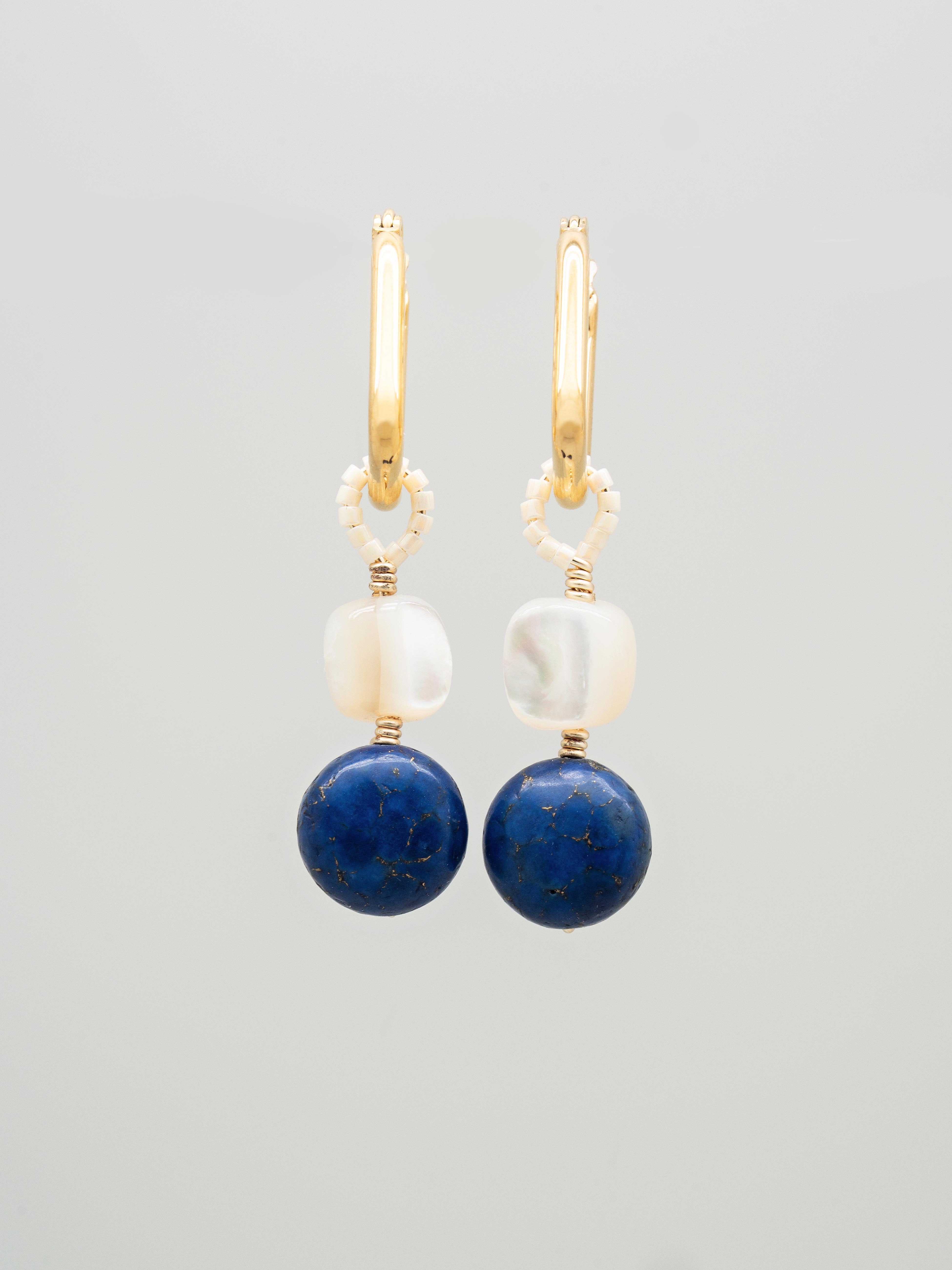 Pair of earrings with lapis lazuli mother of pearl shell and toho seed beads, one of a kind