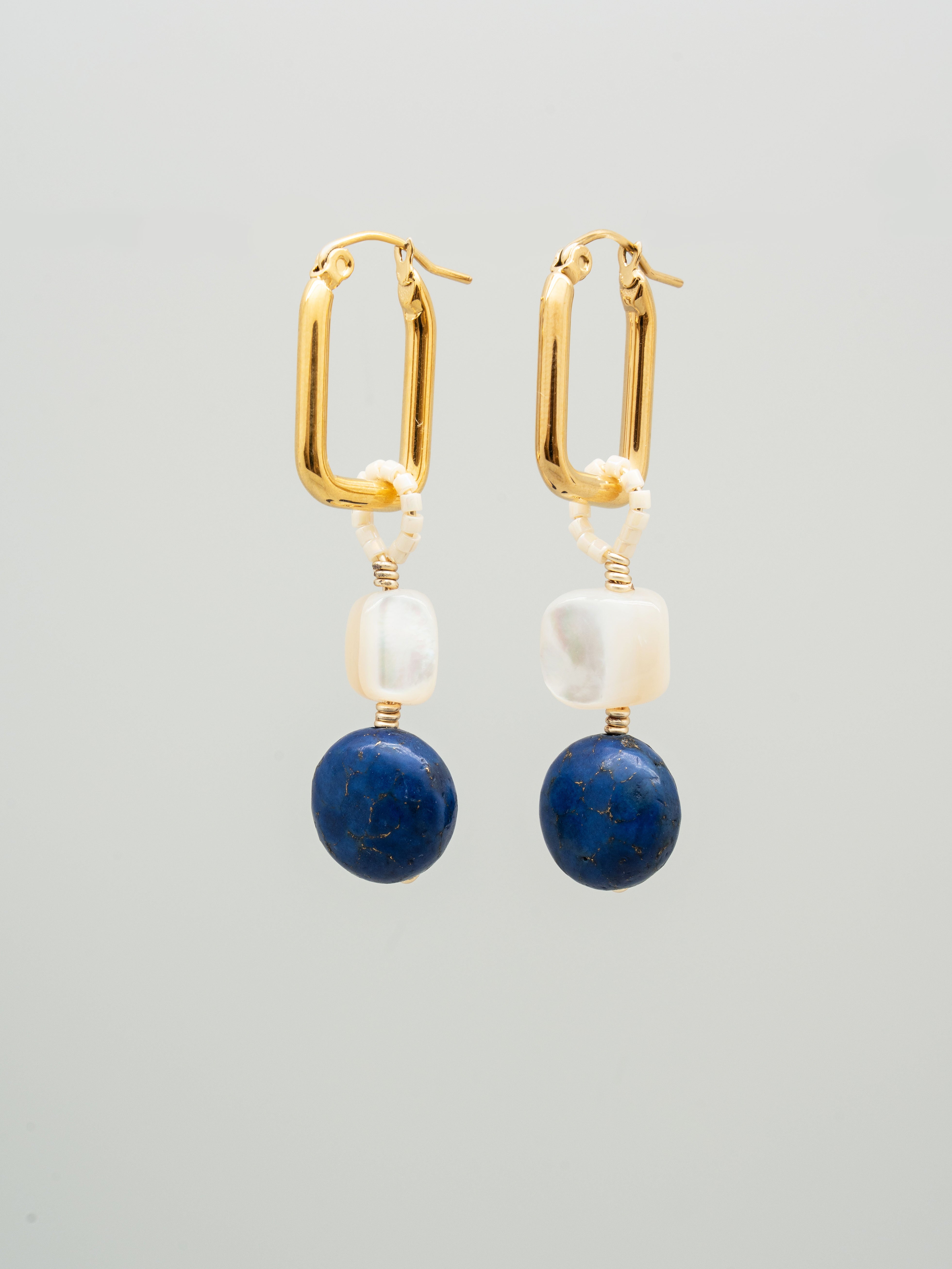 Pair of earrings with lapis lazuli mother of pearl shell and toho seed beads, one of a kind