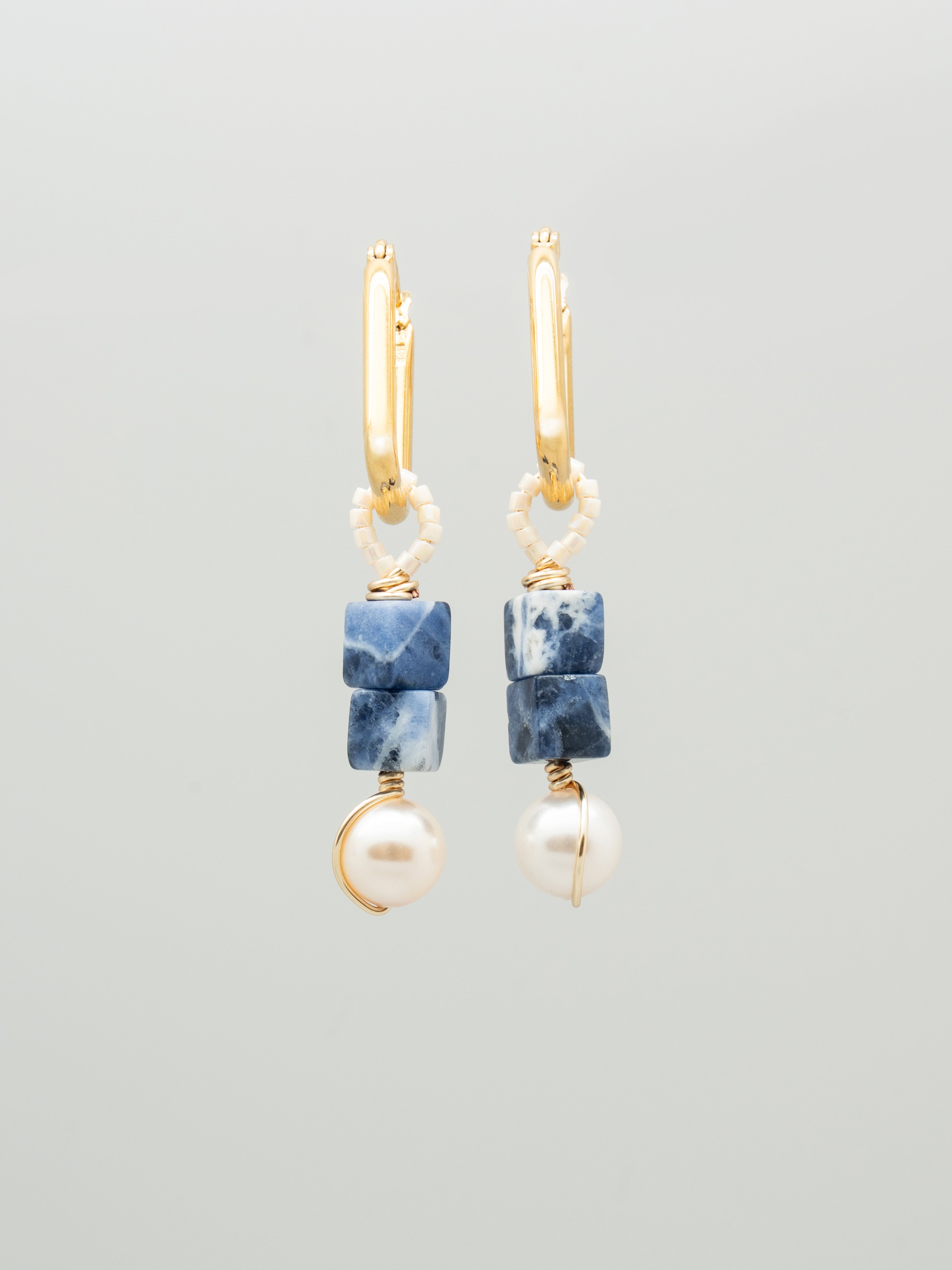 Pair of earrings with lapis lazuli cubes swarovski crystal pearl and toho seed beeds, one of a kind