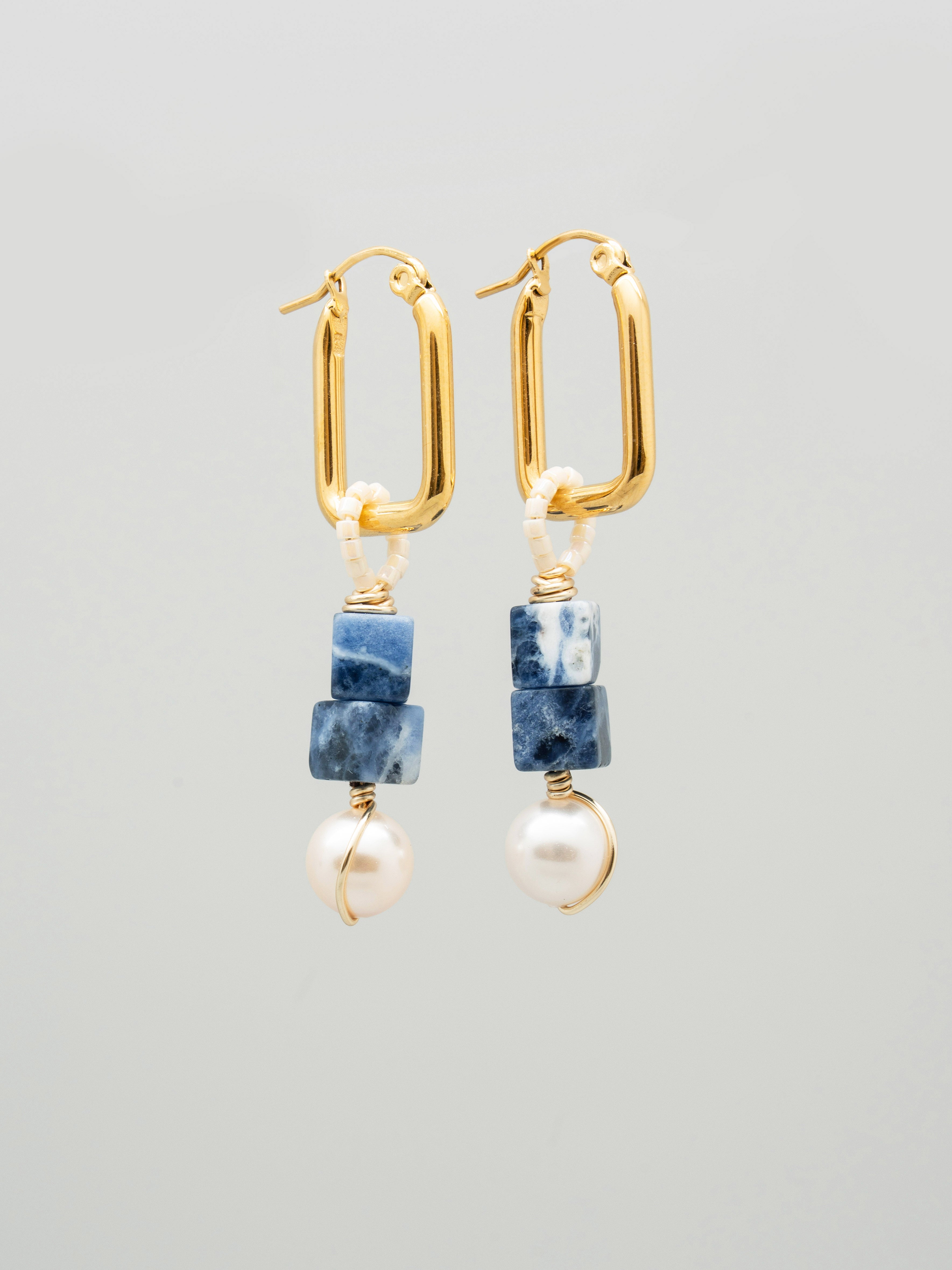 Pair of earrings with lapis lazuli cubes swarovski crystal pearl and toho seed beeds, one of a kind