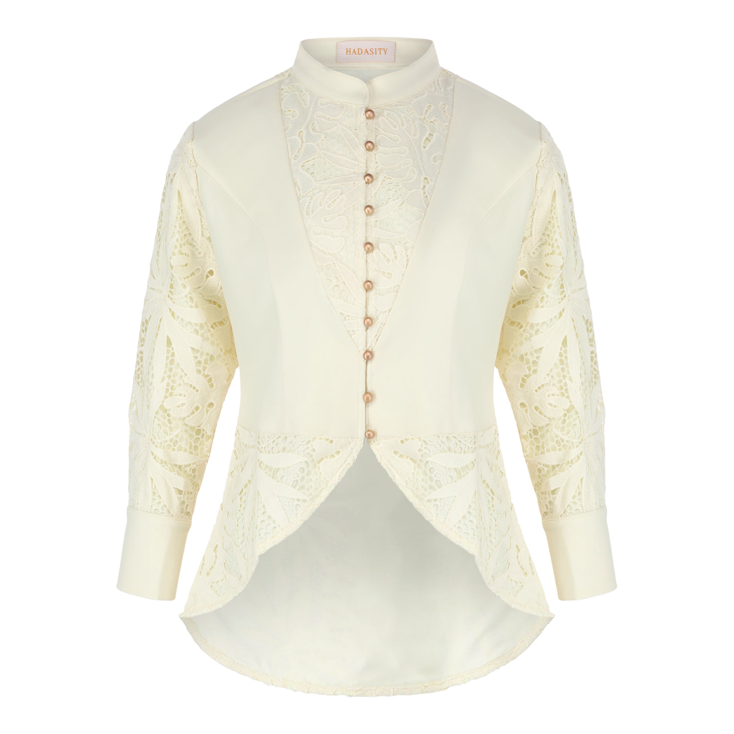 Women's white ivory lace detailed statement jacket or top with cheongsam collar and gold buttons