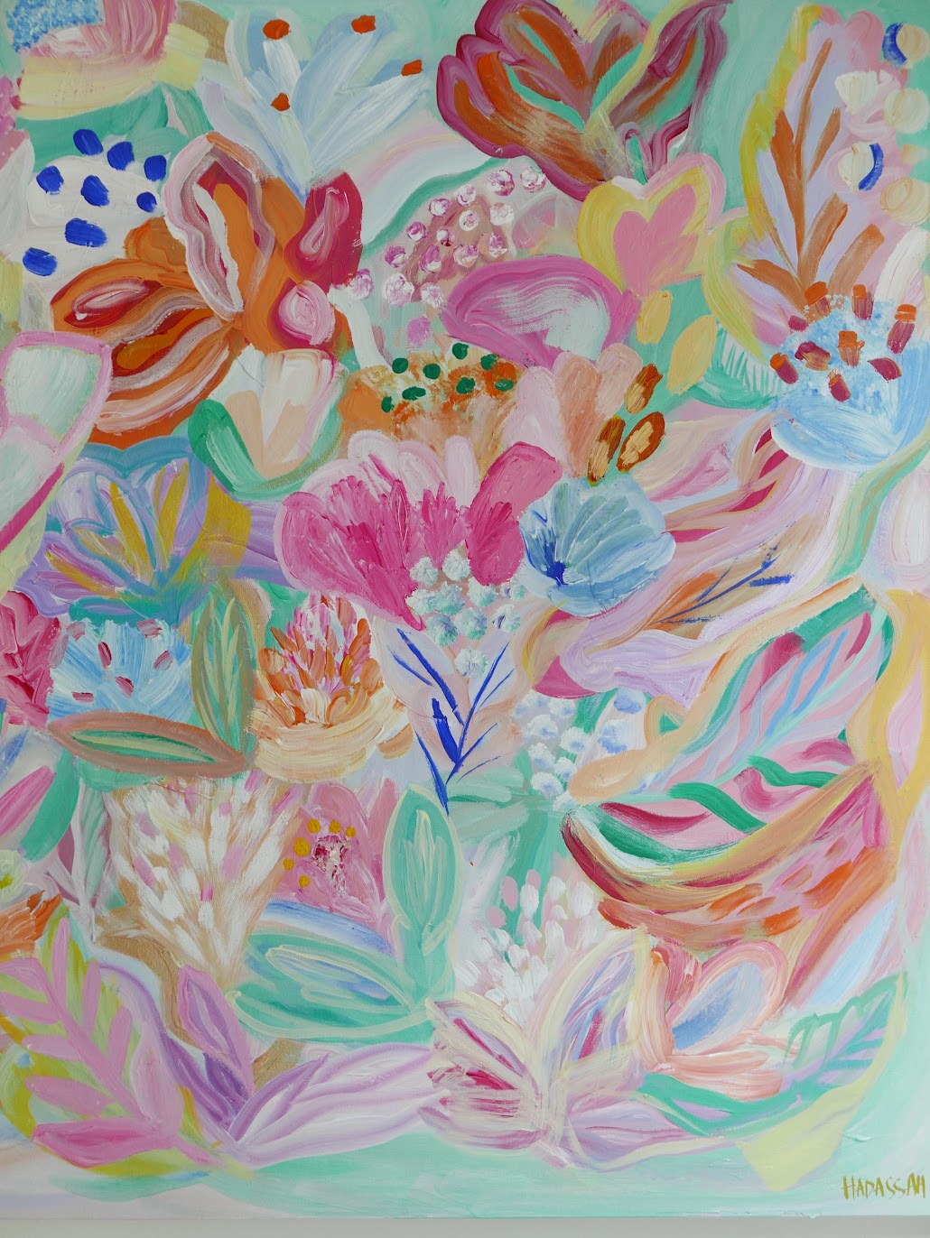 Abstract acrylic original art painting on canvas titled 'Wonderfully Made' by Singaporean artist Hadassah Lau on sale at Hadasity, in Tanglin Mall, Singapore.