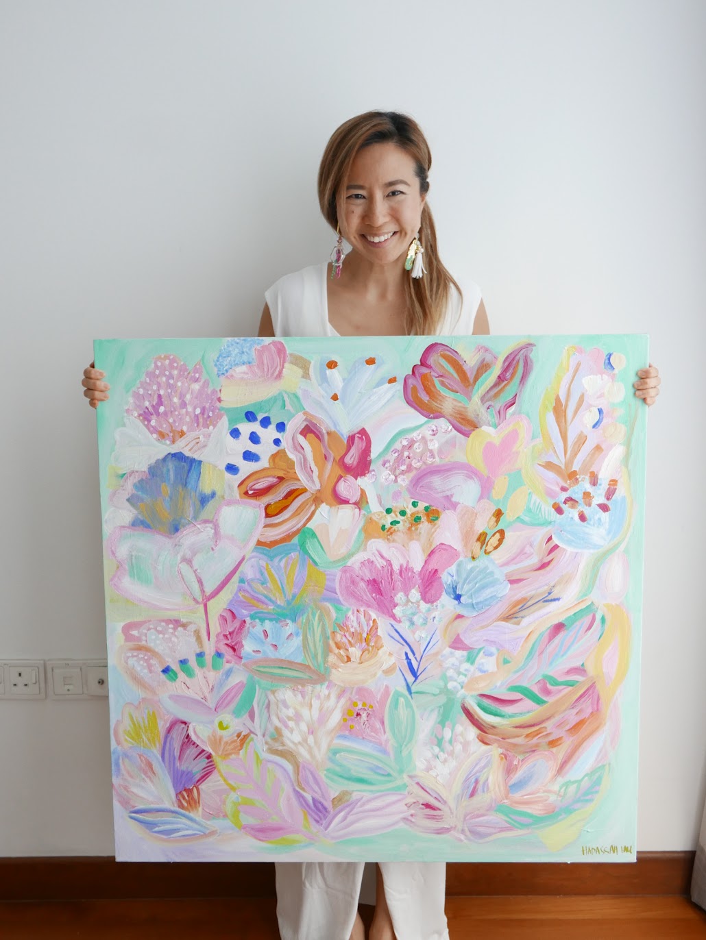 Abstract acrylic original art painting on canvas titled 'Wonderfully Made' by Singaporean artist Hadassah Lau on sale at Hadasity, in Tanglin Mall, Singapore.