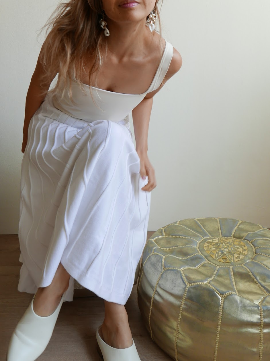 Women's knit fabric weighted non-sheer white maxi skirt