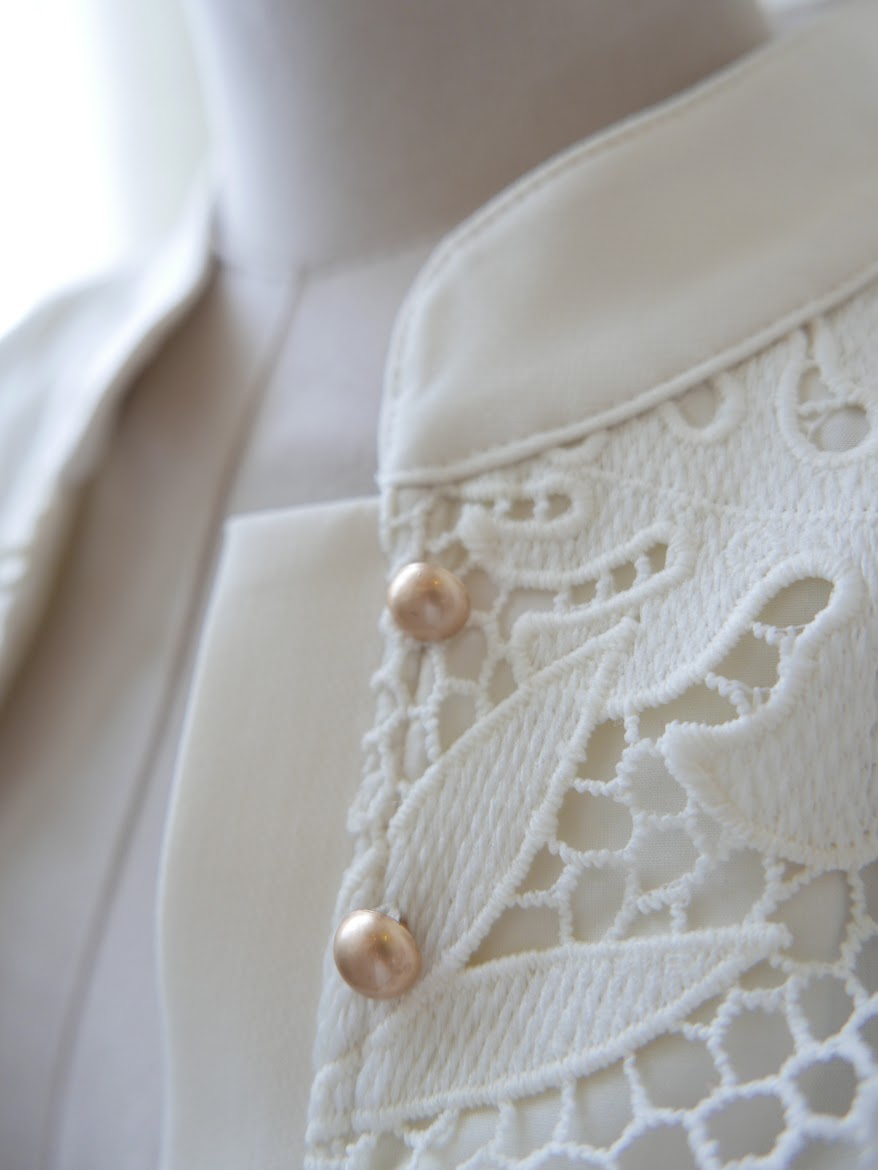 Women's white ivory lace detailed statement jacket or top with cheongsam collar and gold buttons