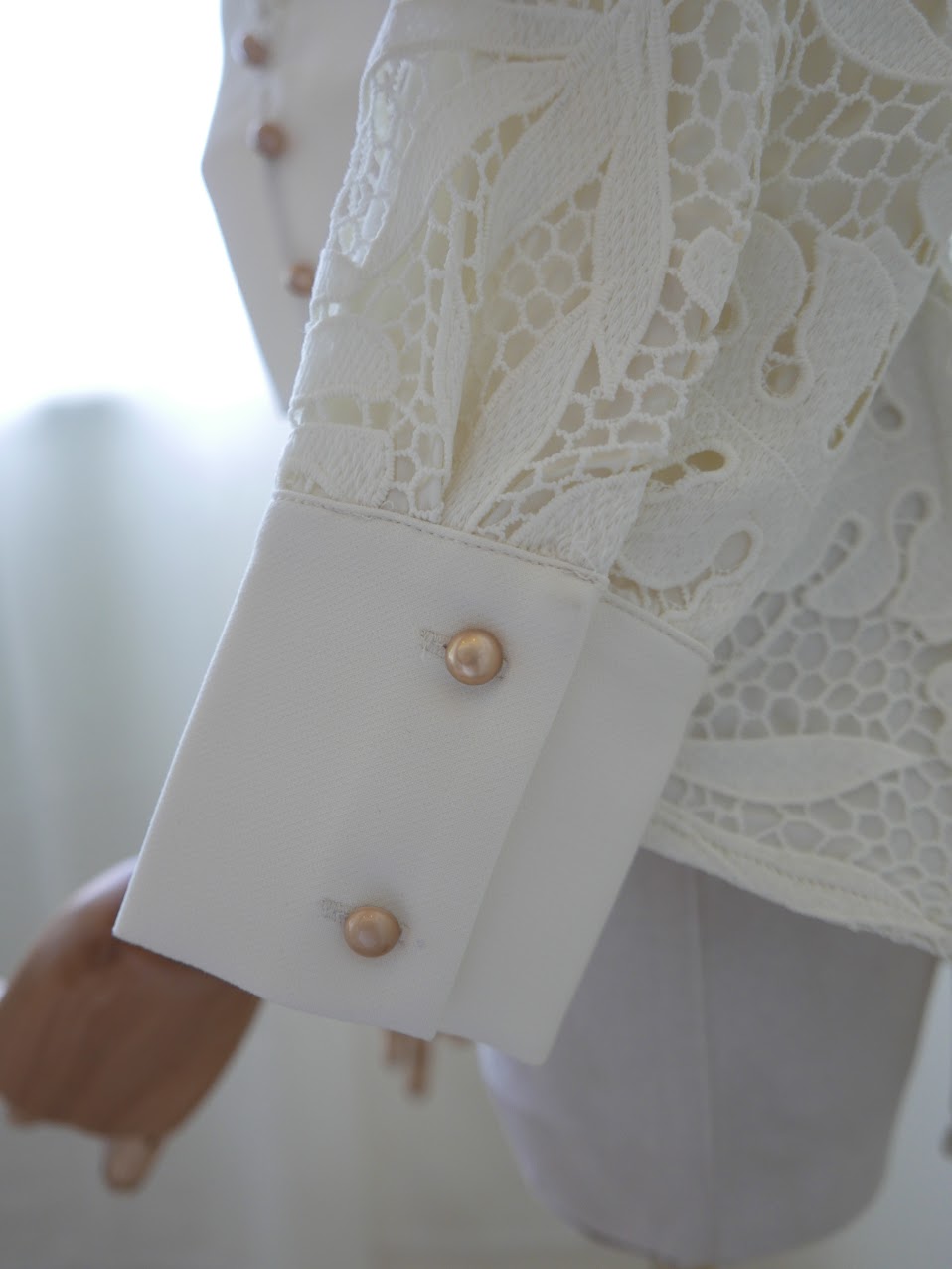 Women's white ivory lace detailed statement jacket or top with cheongsam collar and gold buttons