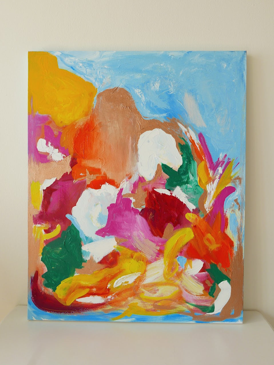 Abstract acrylic original art painting on canvas titled 'Let Hope Arise' by Singaporean artist Hadassah Lau on sale at Hadasity, in Tanglin Mall, Singapore.