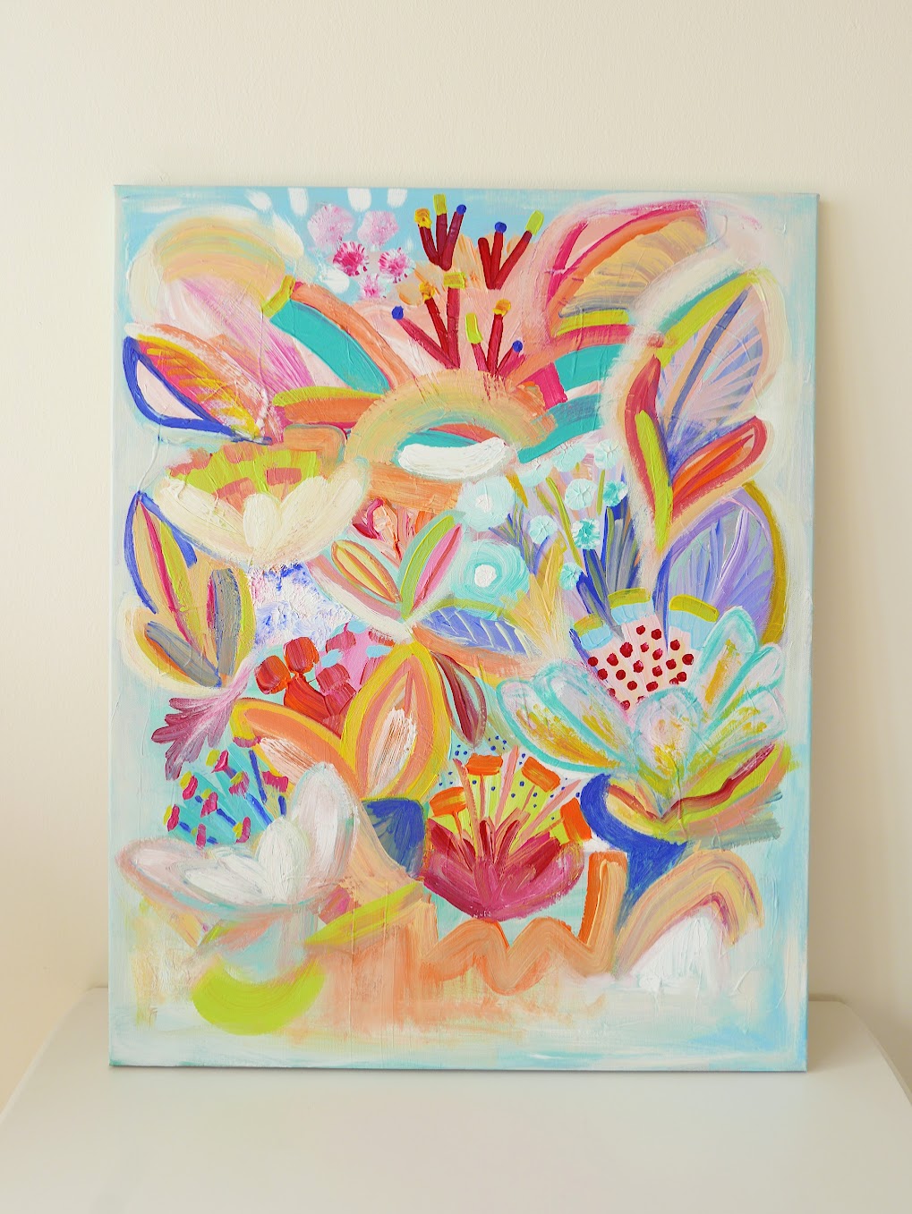 Abstract acrylic original art painting on canvas titled 'Pollen Explosion' by Singaporean artist Hadassah Lau on sale at Hadasity, in Tanglin Mall, Singapore.