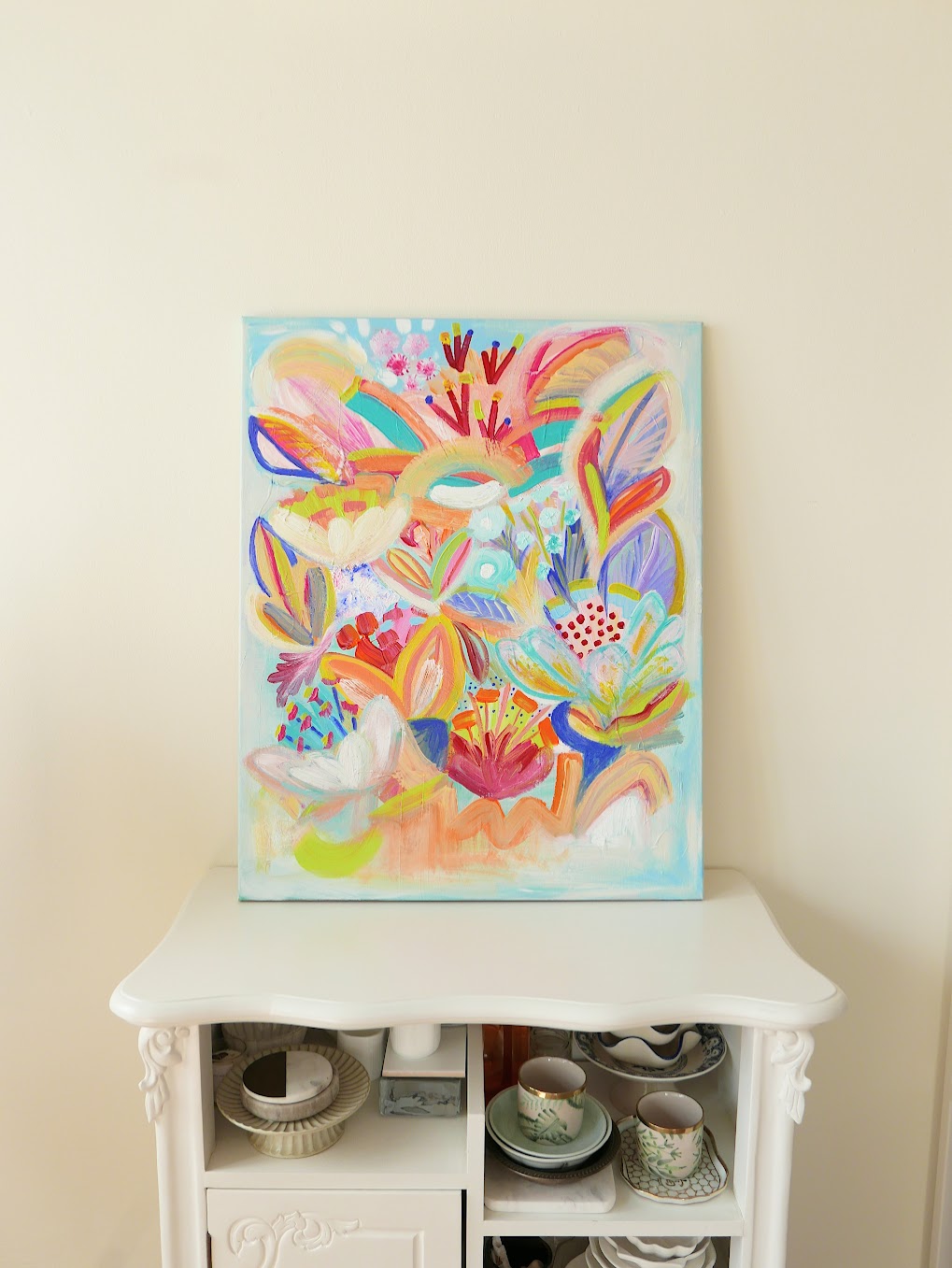 Abstract acrylic original art painting on canvas titled 'Pollen Explosion' by Singaporean artist Hadassah Lau on sale at Hadasity, in Tanglin Mall, Singapore.