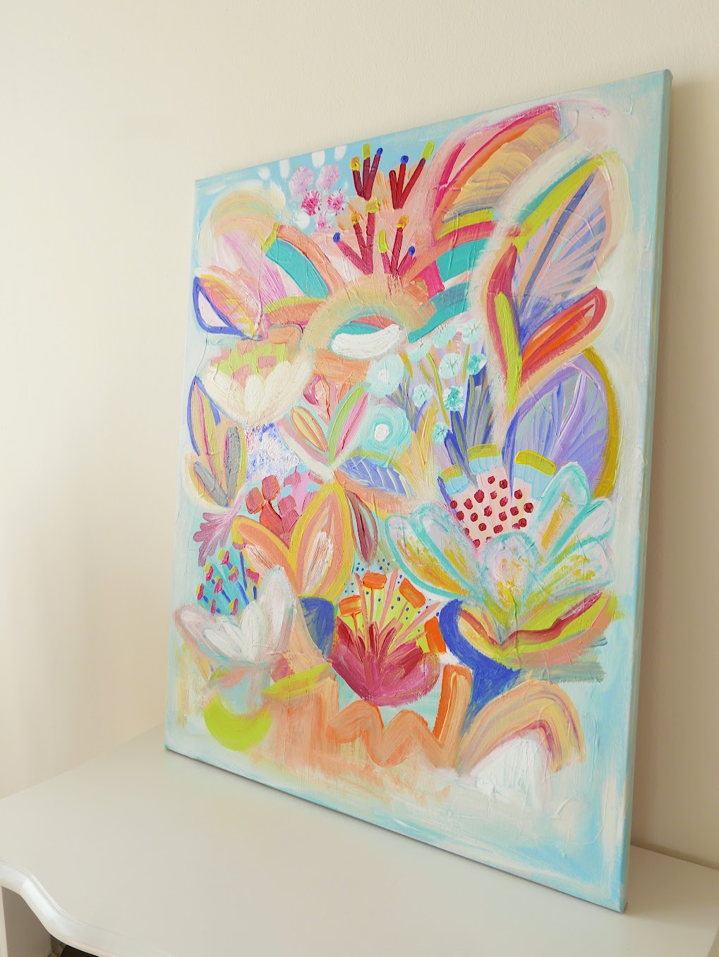 Abstract acrylic original art painting on canvas titled 'Pollen Explosion' by Singaporean artist Hadassah Lau on sale at Hadasity, in Tanglin Mall, Singapore.