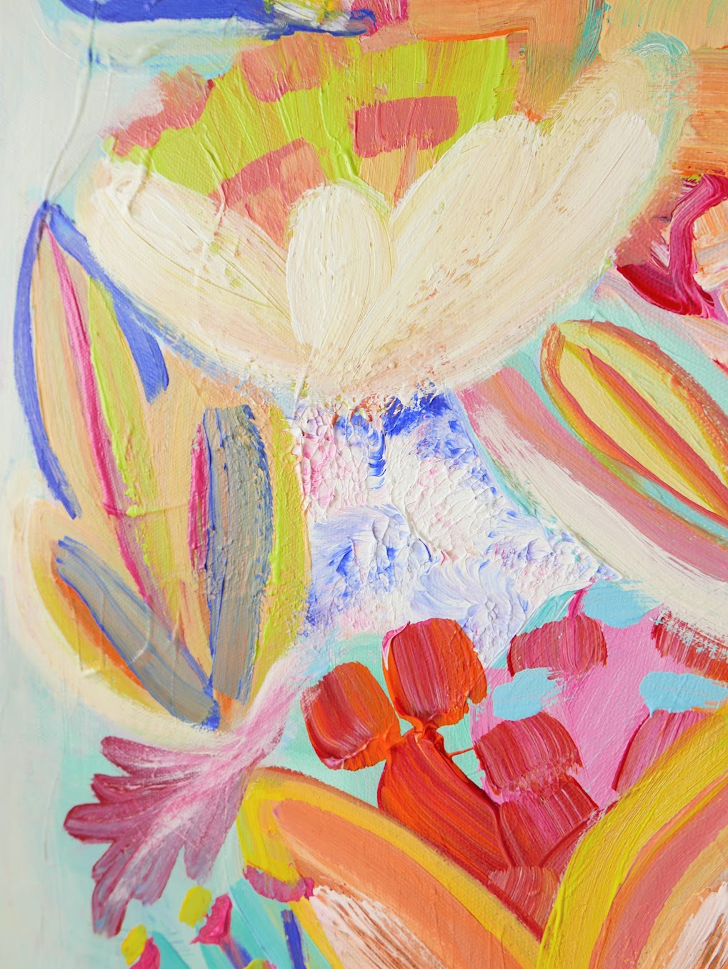 Abstract acrylic original art painting on canvas titled 'Pollen Explosion' by Singaporean artist Hadassah Lau on sale at Hadasity, in Tanglin Mall, Singapore.