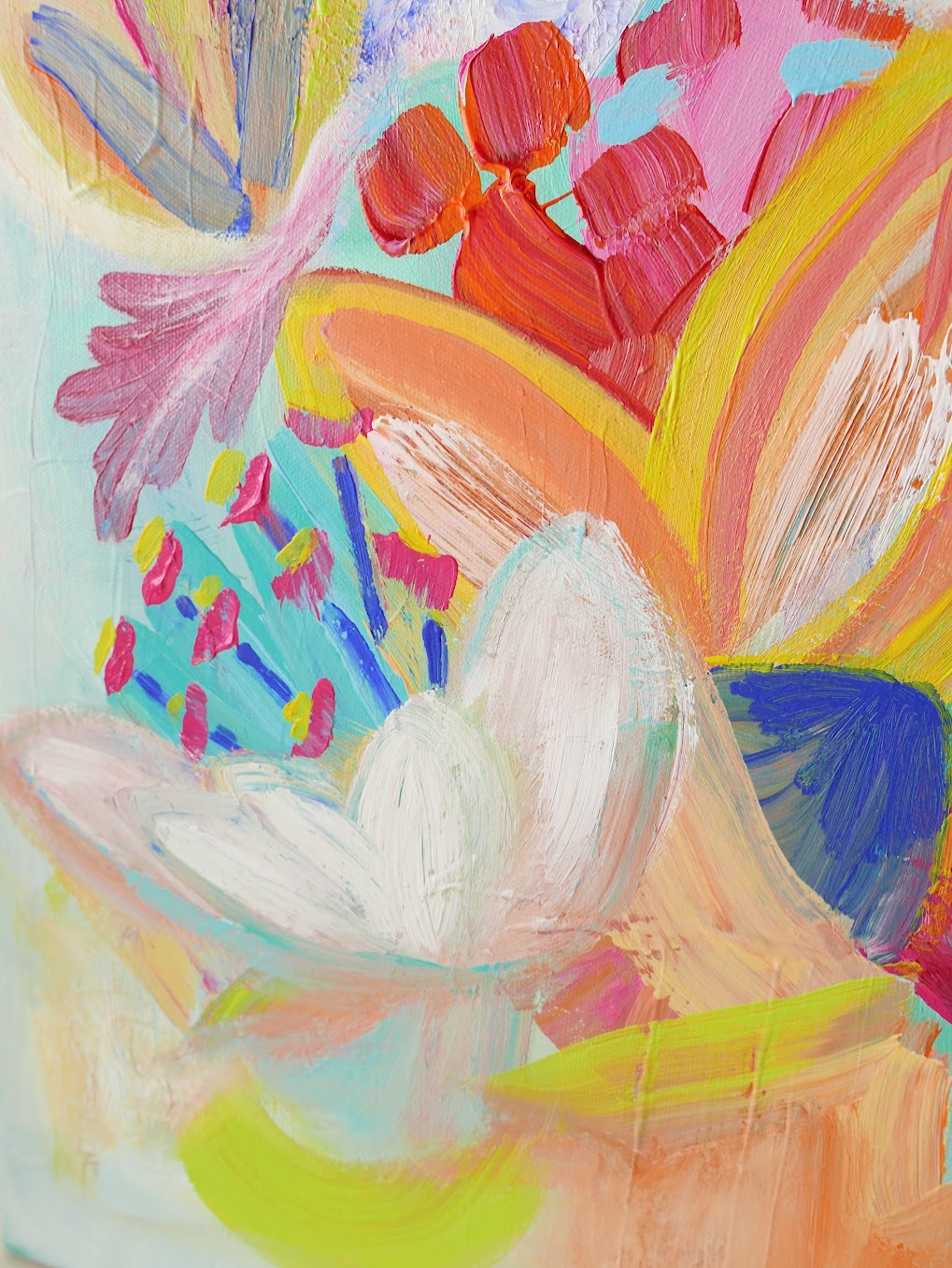 Abstract acrylic original art painting on canvas titled 'Pollen Explosion' by Singaporean artist Hadassah Lau on sale at Hadasity, in Tanglin Mall, Singapore.