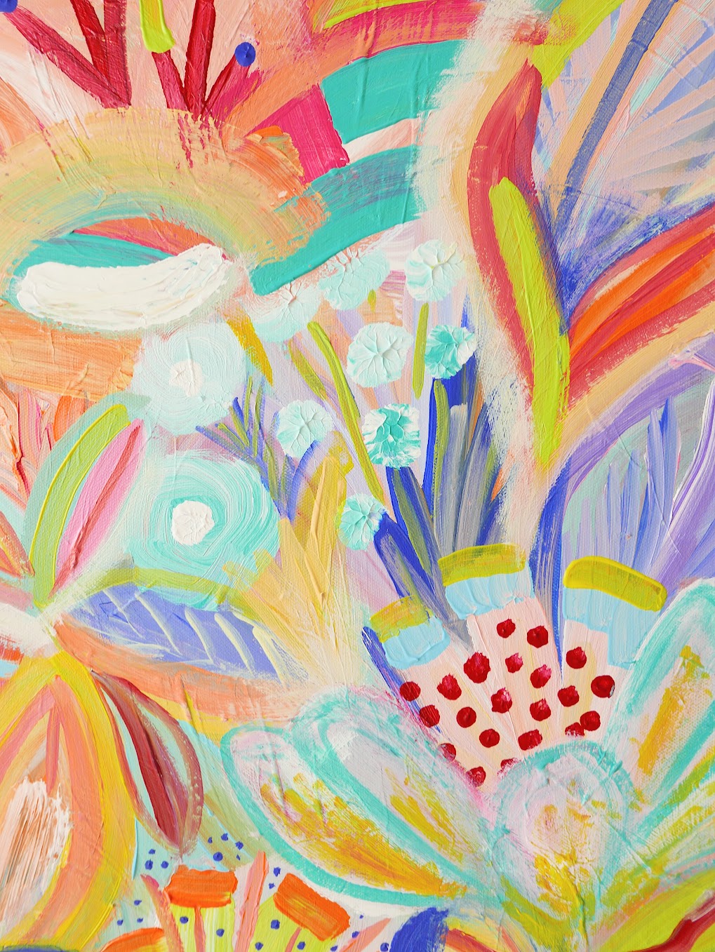 Abstract acrylic original art painting on canvas titled 'Pollen Explosion' by Singaporean artist Hadassah Lau on sale at Hadasity, in Tanglin Mall, Singapore.