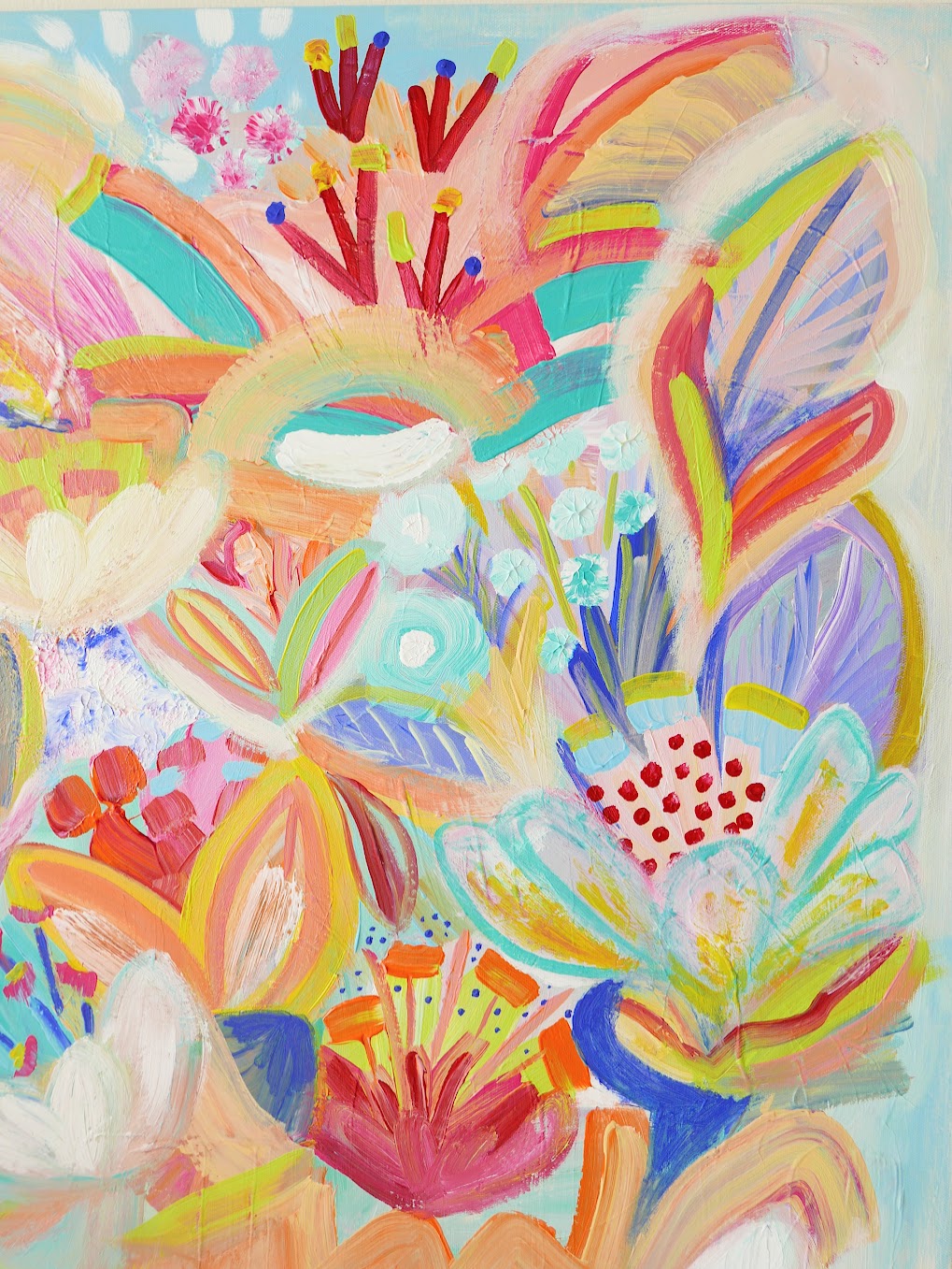 Abstract acrylic original art painting on canvas titled 'Pollen Explosion' by Singaporean artist Hadassah Lau on sale at Hadasity, in Tanglin Mall, Singapore.