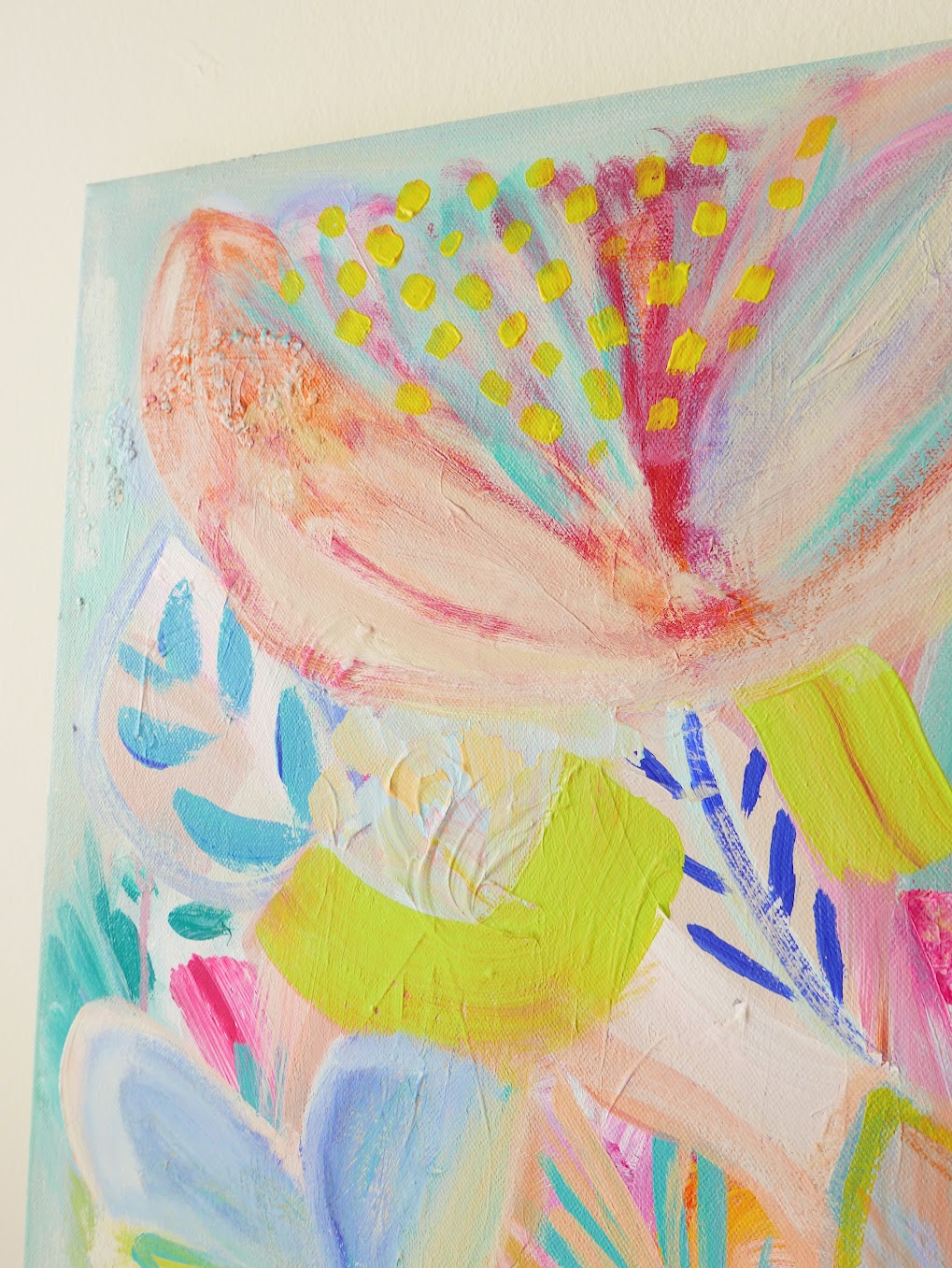 Abstract acrylic original art painting on canvas titled 'Foliage Explosion' by Singaporean artist Hadassah Lau on sale at Hadasity, in Tanglin Mall, Singapore.