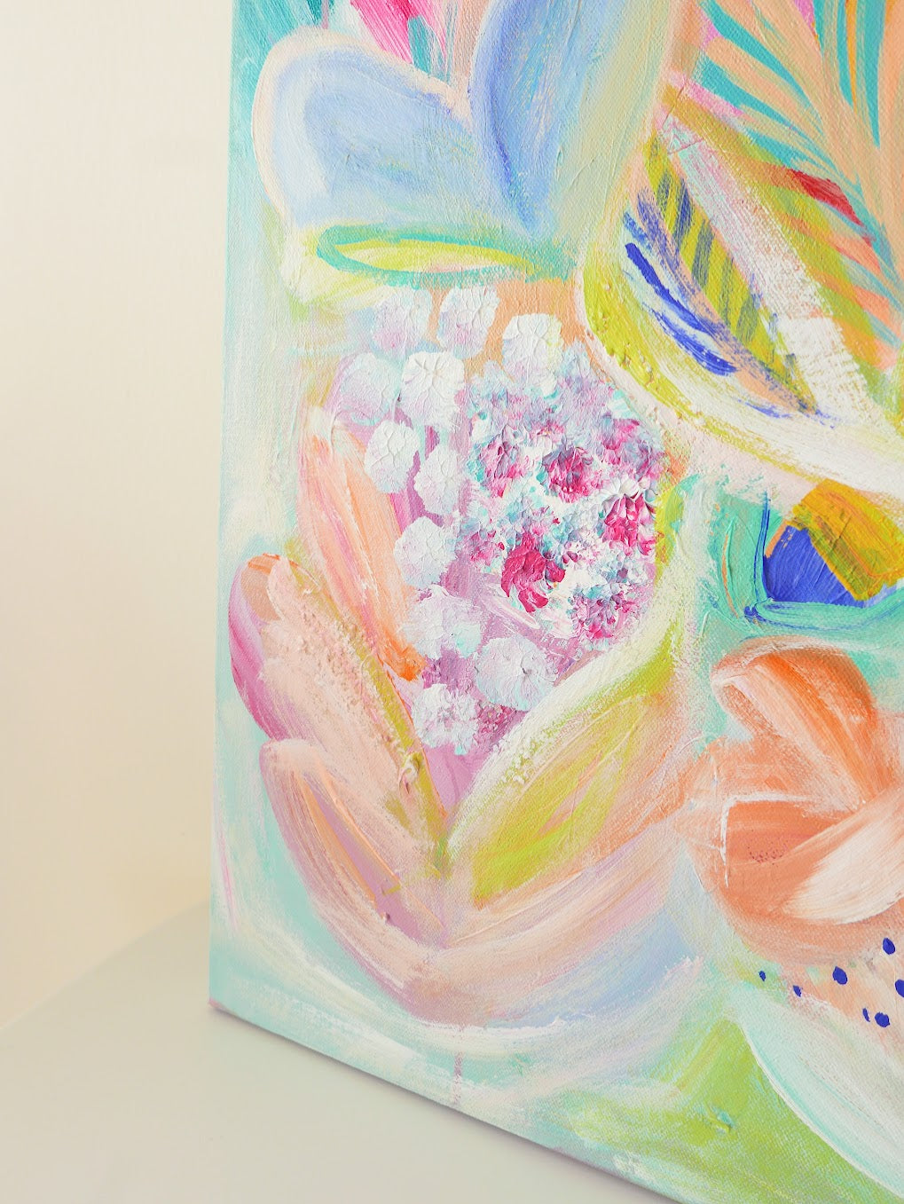 Abstract acrylic original art painting on canvas titled 'Foliage Explosion' by Singaporean artist Hadassah Lau on sale at Hadasity, in Tanglin Mall, Singapore.