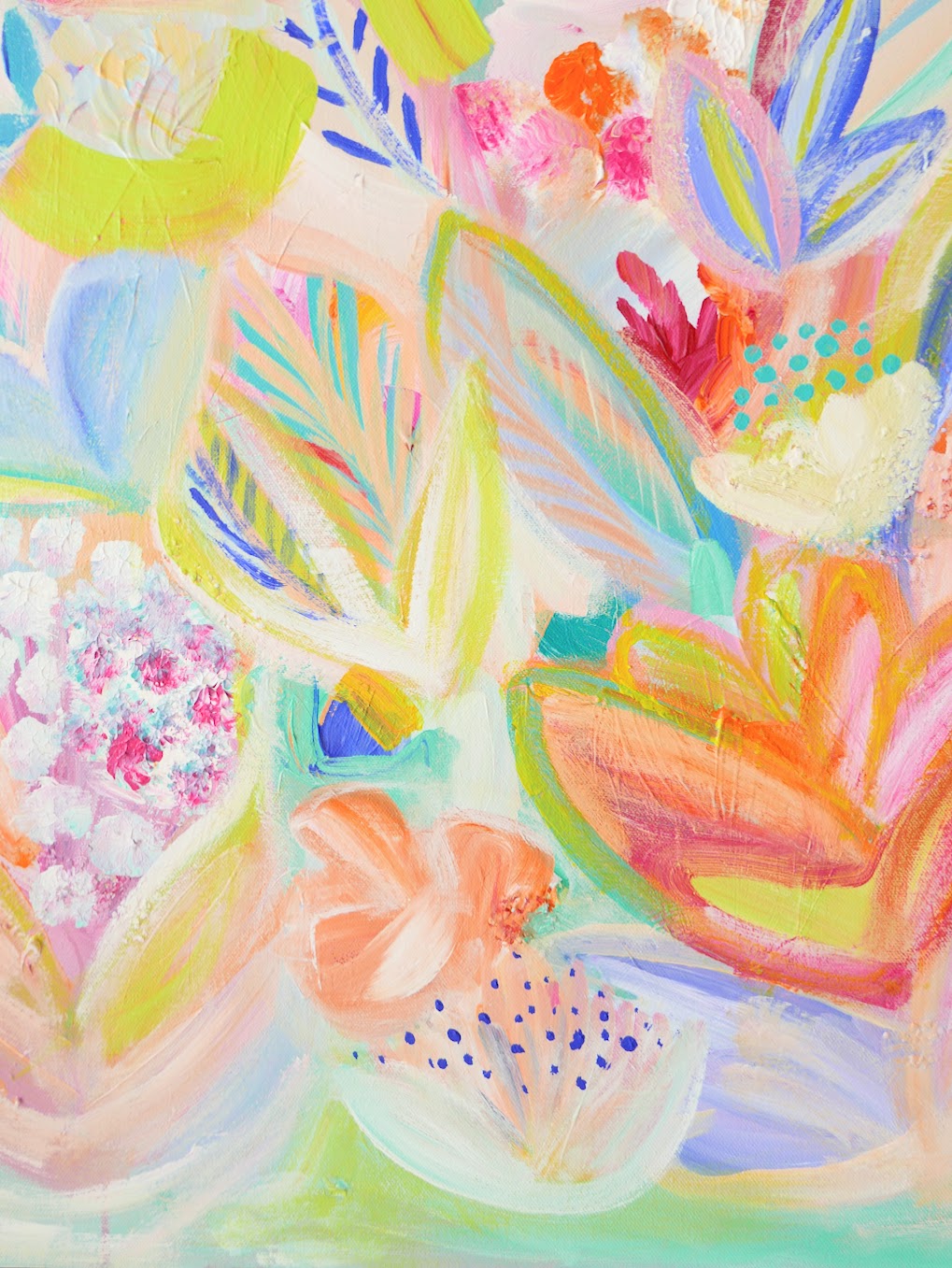 Abstract acrylic original art painting on canvas titled 'Foliage Explosion' by Singaporean artist Hadassah Lau on sale at Hadasity, in Tanglin Mall, Singapore.